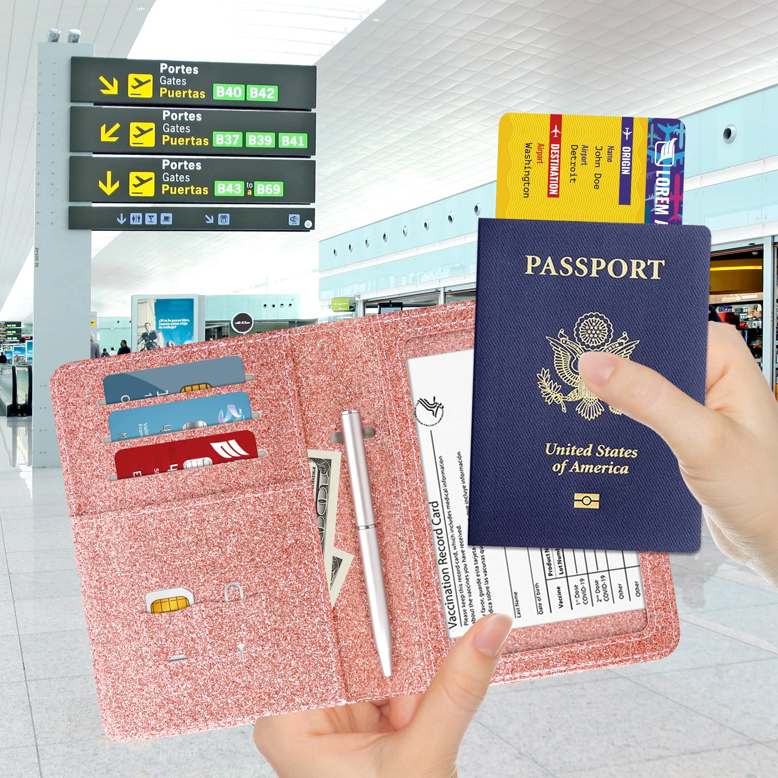 Premium PU Leather RFID Blocking Passport Holder & Travel Wallet - Secure Magnetic Closure, Includes Free Mini Pen - Glitter Rose (Women & Men) - Ideal for Air Travel, Business Trips & Vacation Document Organization
