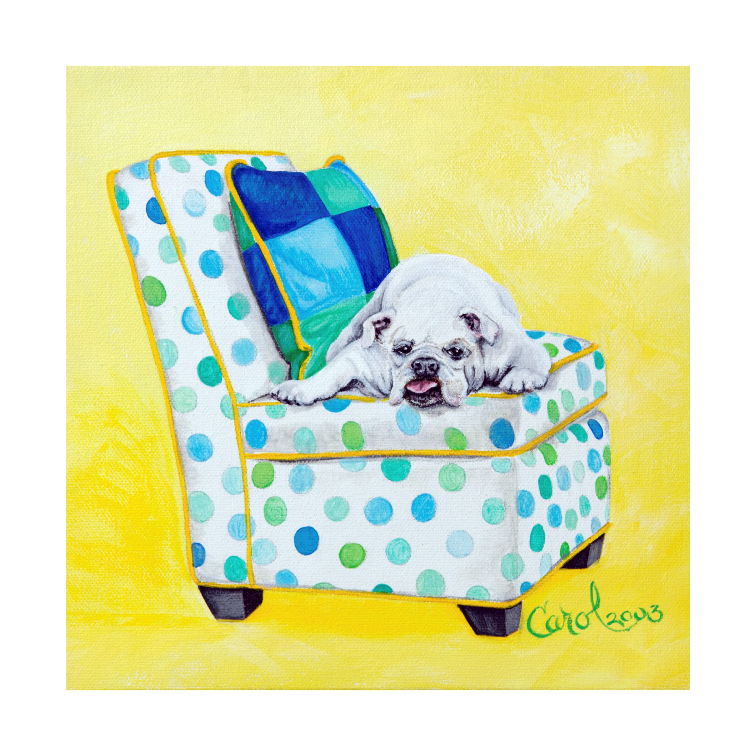 Trademark Fine Art 'Bulldog on Polka Dots' Canvas Wall Art by Carol Dillon - Modern Dog Painting for Living Room, Bedroom & Office Decor