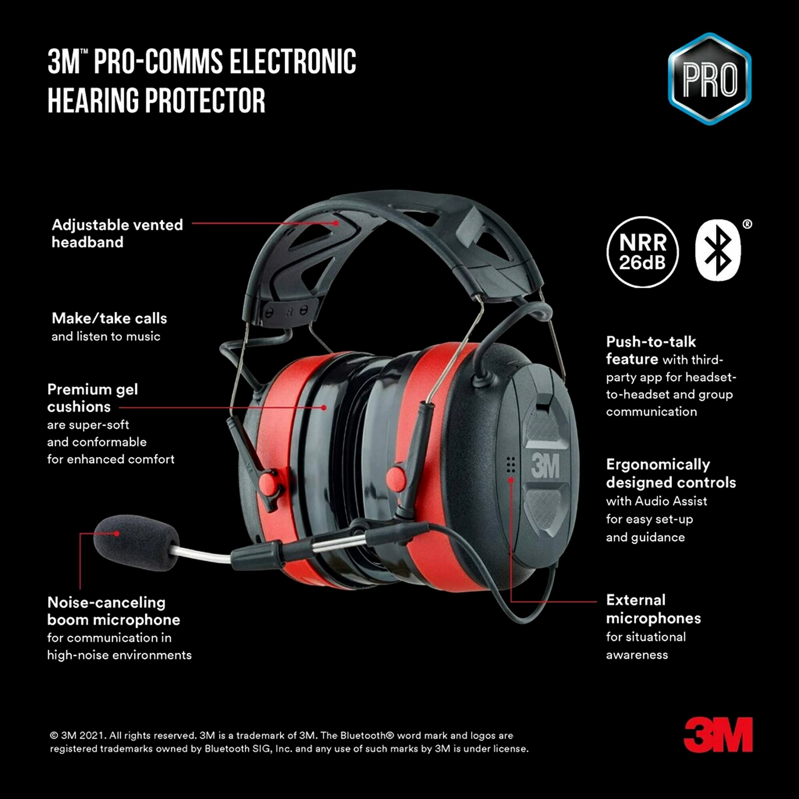 3M Pro-Comms Electronic Hearing Protector with Bluetooth & Noise-Canceling Microphone - NRR 26 dB Wireless Earmuffs, Premium Gel Cushions (90546-SIOC) - Ideal for Shooting Ranges, Construction Sites & Industrial Work Environments