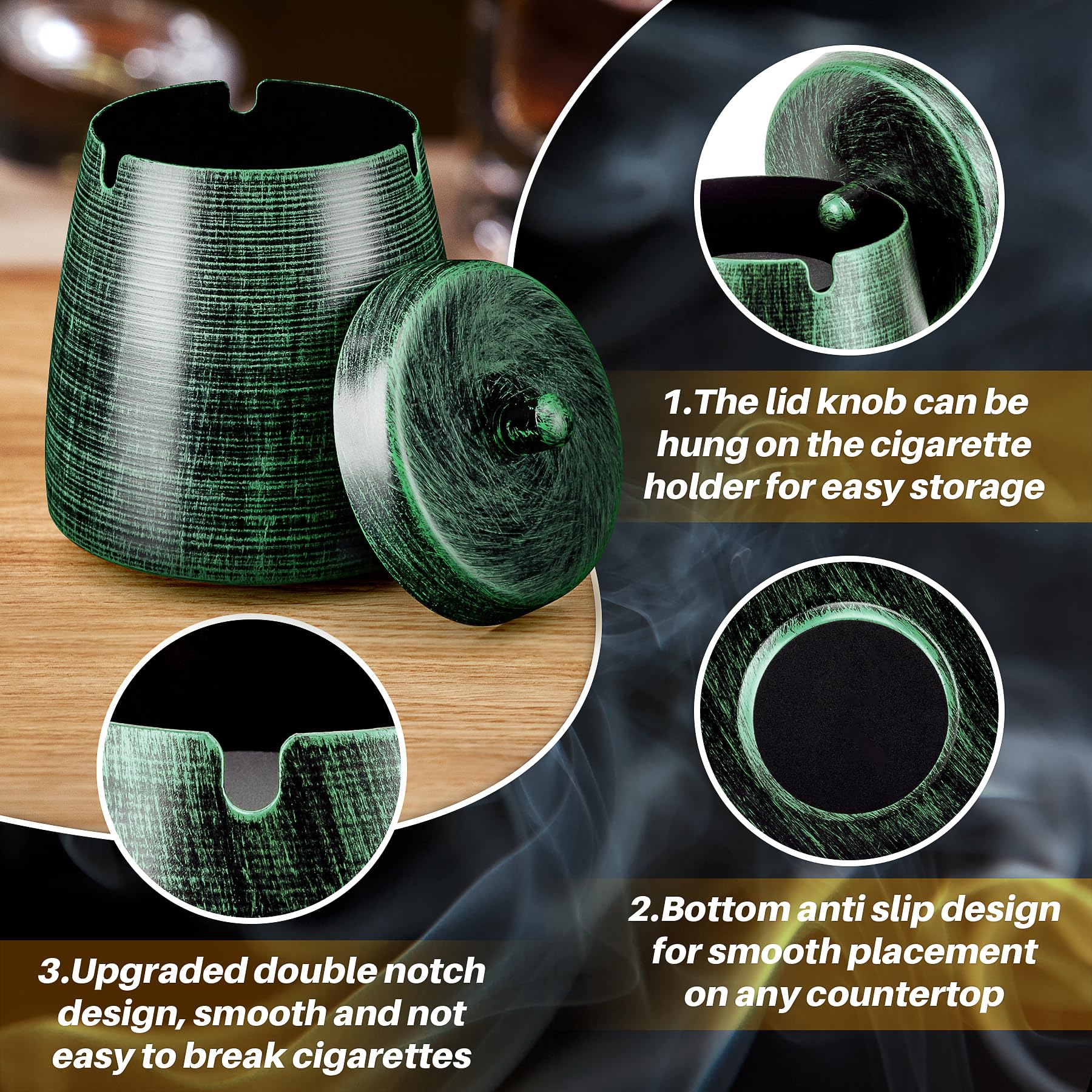 Odorless Windproof Metal Ashtray with Lid for Cigarettes - Smokeless Outdoor & Indoor Use for Patio, Balcony, Home, Office, Tabletop - Perfect for Smoking Areas & Social Gatherings