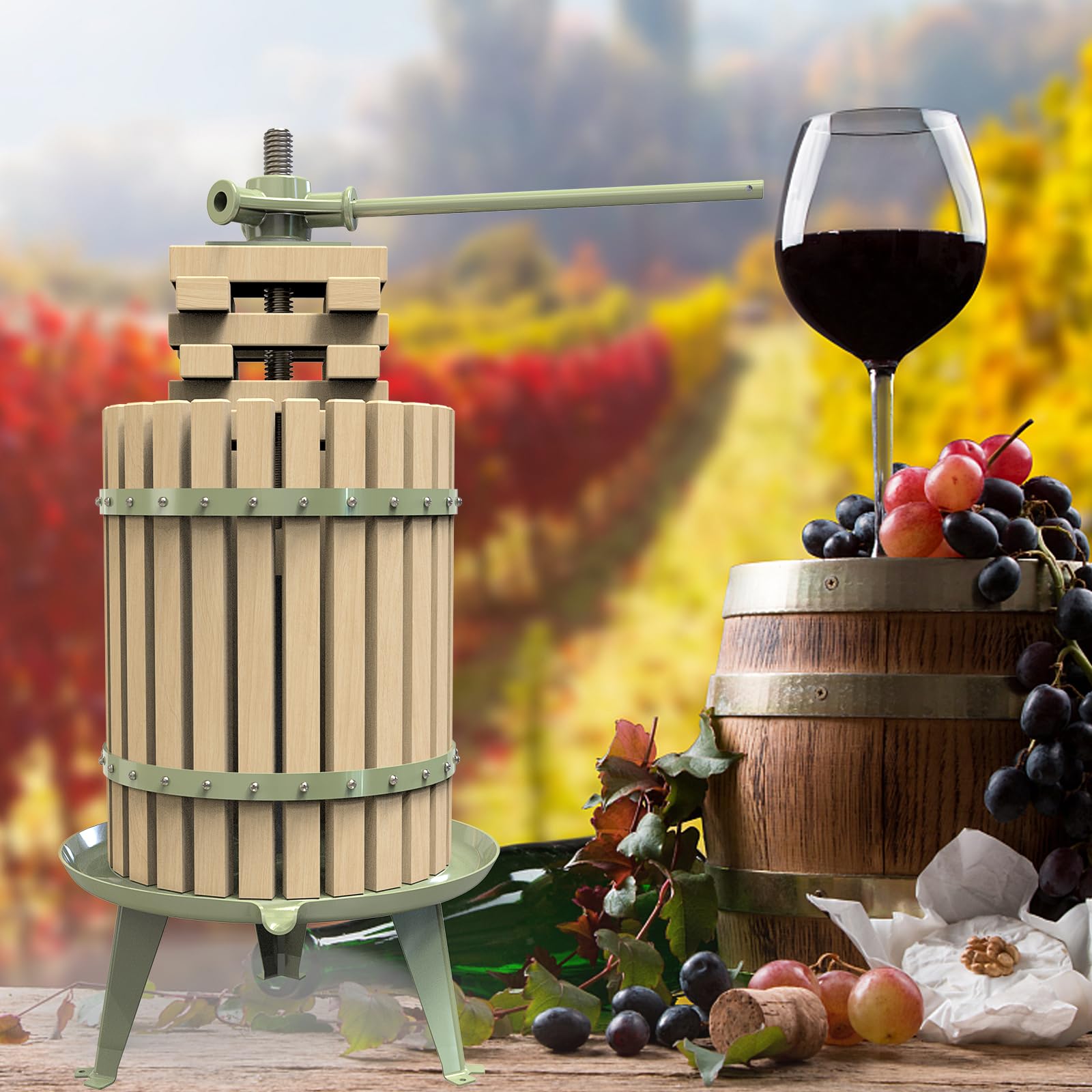 Premium Manual Fruit Wine Press - 100% Natural Apple & Grape Crusher for Fresh Juice Making | Heavy Duty 4.75 Gallon Solid Wood Cider Press | LFGB Certified | Perfect for Home Brewing, Kitchen Use & DIY Wine Making (Green)