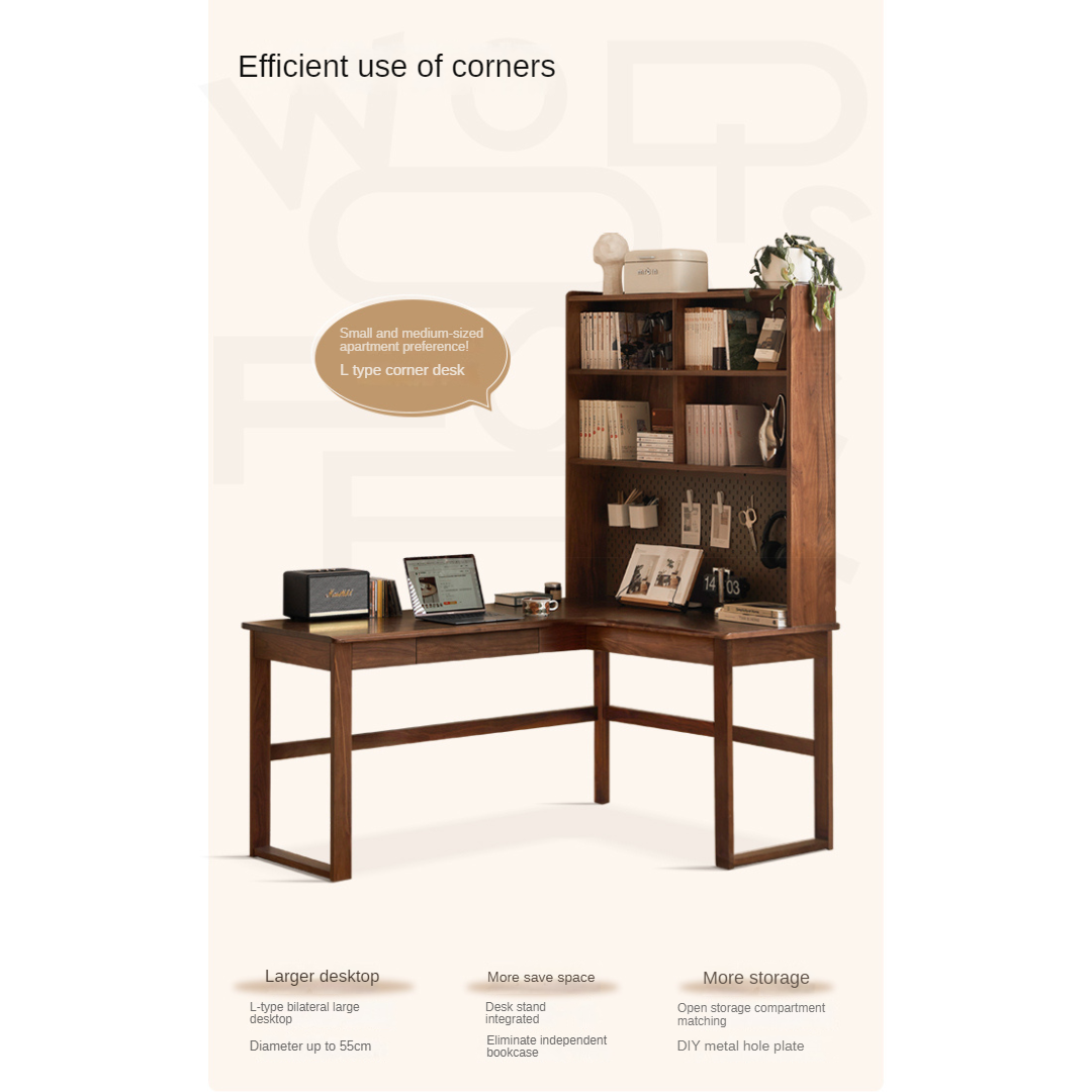 Solid Black Walnut & Oak Wood Corner Desk Bookshelf - Stylish Home Office Storage for Books, Decor & Essentials