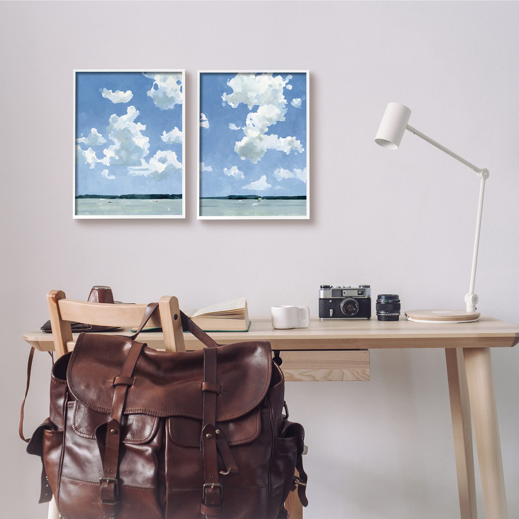 Emma Caroline White Framed Wall Art - 2pc Blue Landscape Painting Set (11x14 Inch) | Summer Lake & Cloudy Sky Scenery | Perfect for Living Room, Bedroom & Office Decor