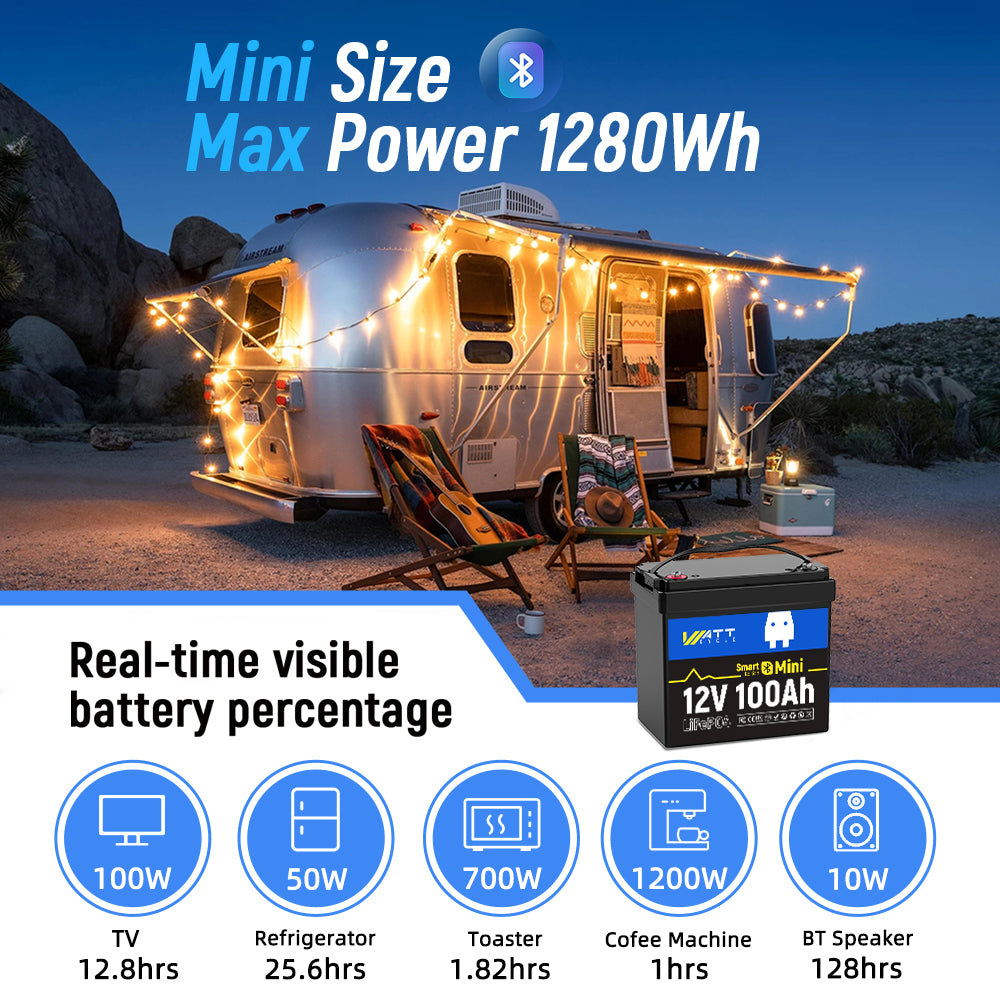 24V 100Ah Mini Bluetooth LiFePO4 Battery Set - Lightweight & Portable Lithium Iron Phosphate Battery for Solar Power, RV, Marine & Off-Grid Applications