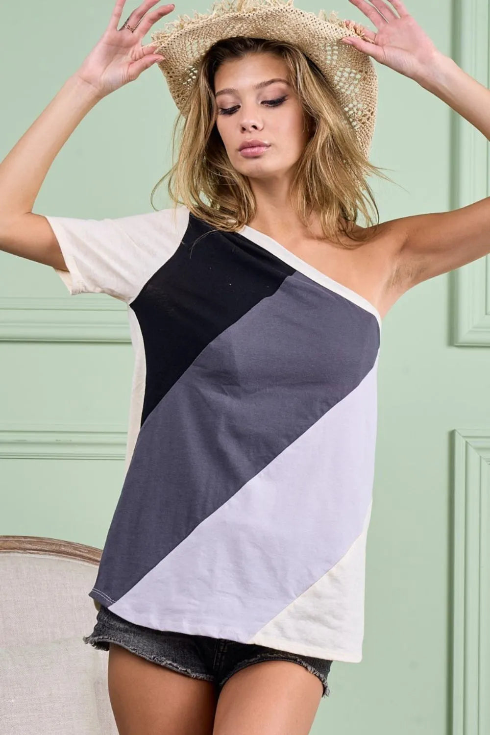 Stylish BiBi Cotton Color Block One Shoulder Top for Women | Trendy Summer Fashion | Perfect for Beach Parties, Date Nights & Casual Outings