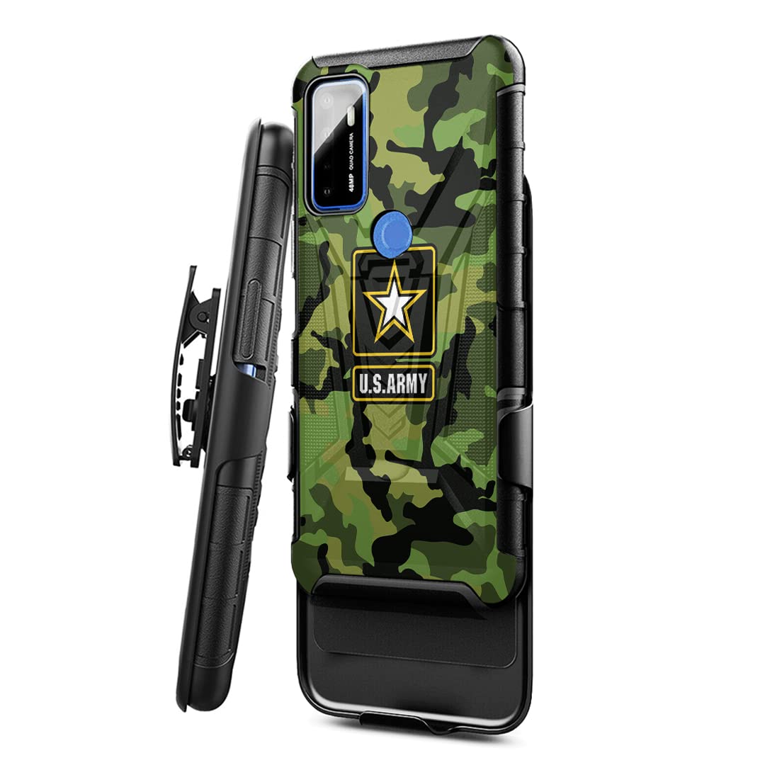 Military Shockproof Phone Case Compatible with Cricket Dream 5G & AT&T Radiant Max 5G - Heavy Duty Kickstand Belt Clip Holster Cover (Army Camo) - Perfect for Outdoor Adventures, Construction Work & Active Lifestyles