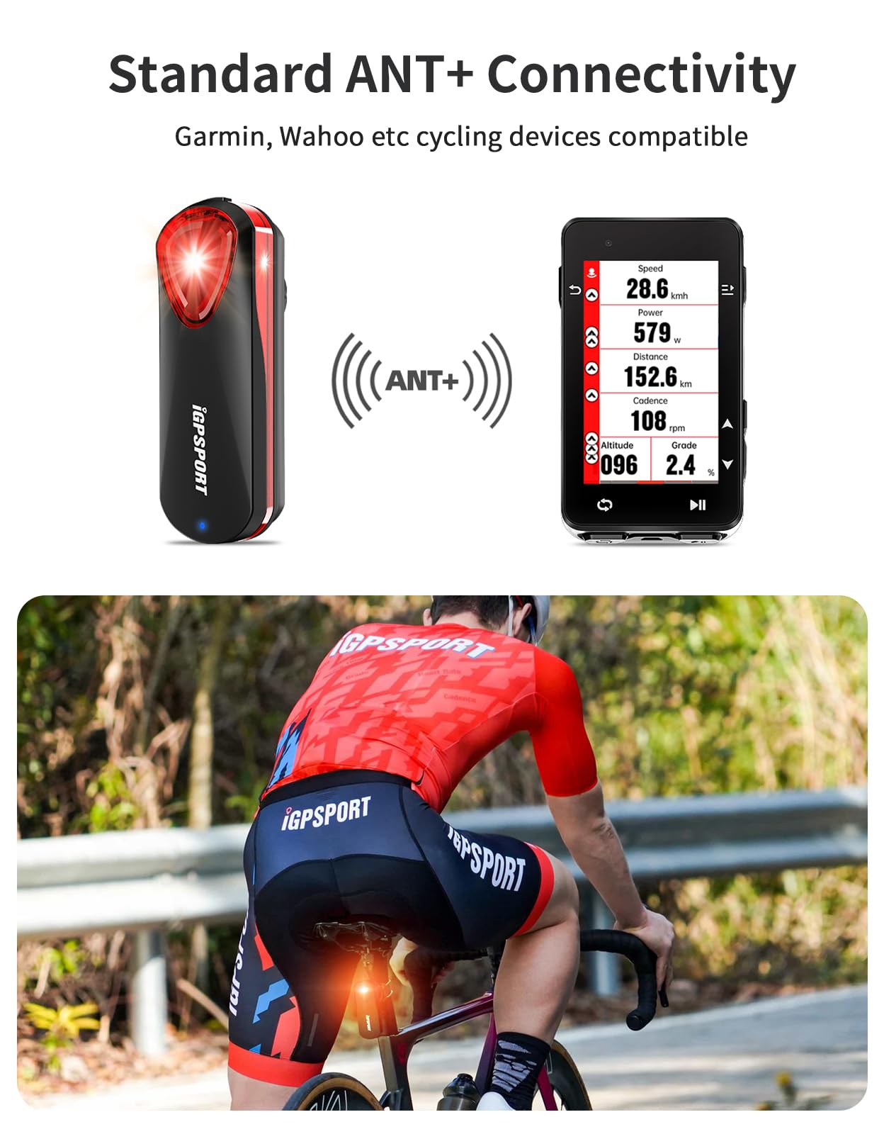 iGPSPORT SR30 Bike Rear Light with Radar - 20H Battery Life, 150M Detection Range, IPX7 Waterproof, USB Rechargeable Cycling Tail Light for Road & Mountain Bikes - Perfect for Night Riding and Commuting Safety