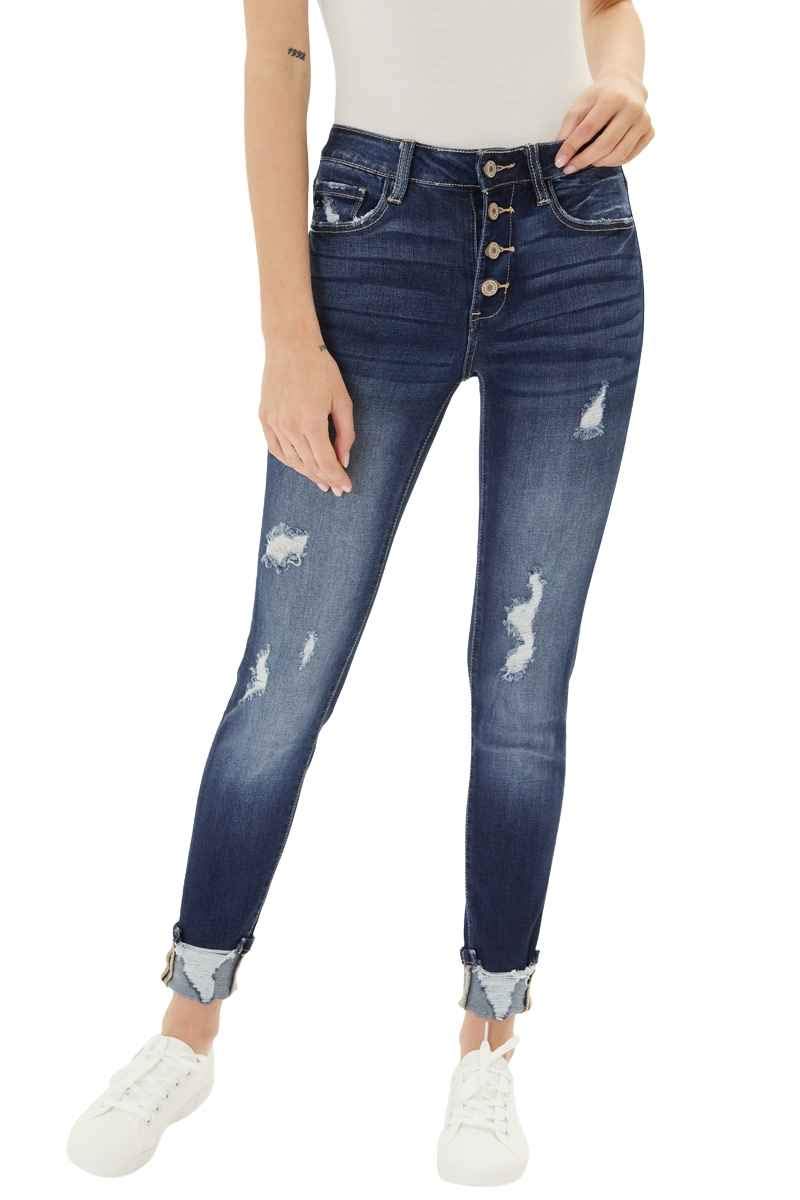 Kan Can Women's High Rise Button Fly Distressed Super Skinny Jeans - Vintage Denim Pants for Casual Wear, Night Out & Everyday Fashion