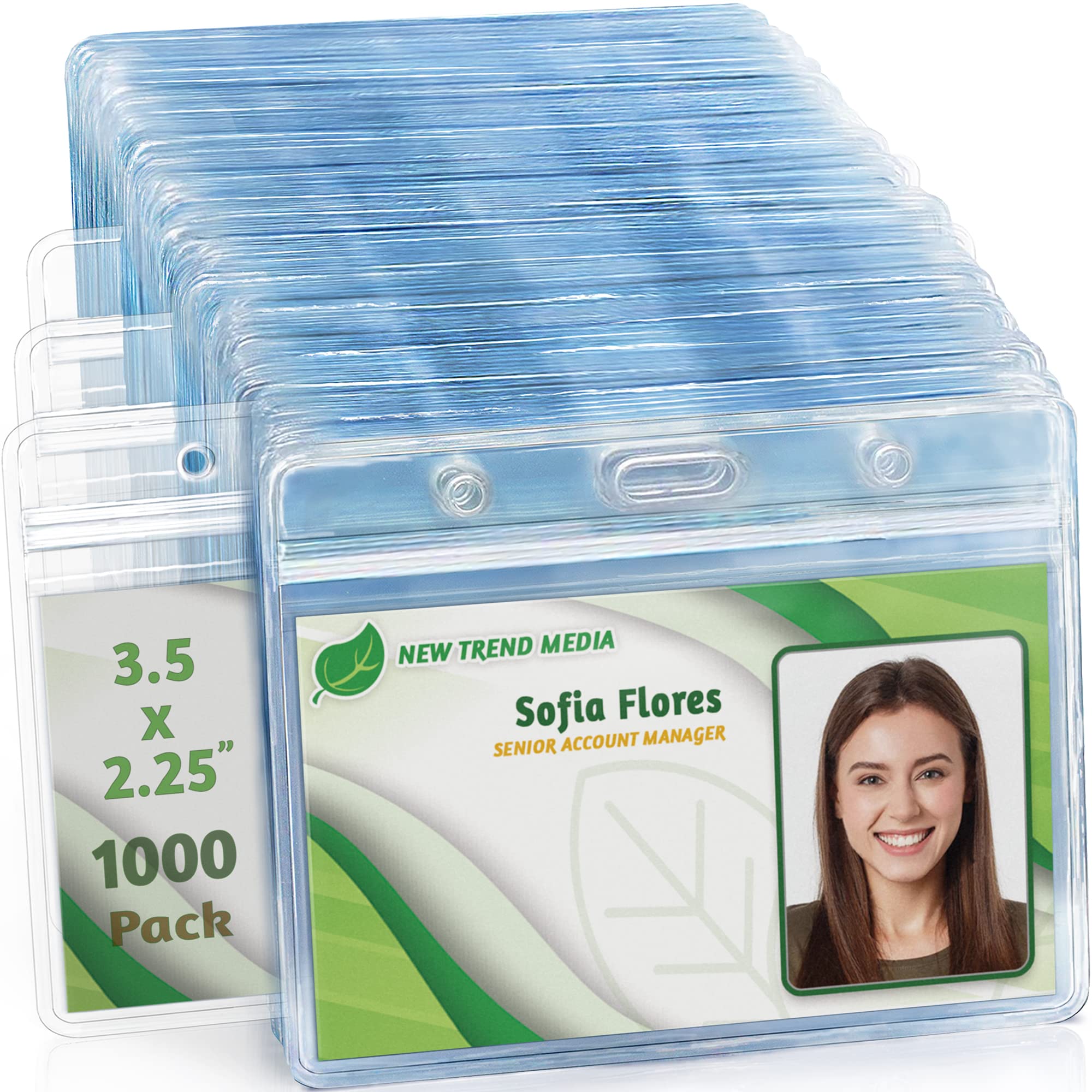 EcoEarth Horizontal Card Protector with Soft Edge - 1000 Pack Clear Plastic Waterproof ID Badge Holders (3.5x2.5 Inch) - Bulk Name Tag Sleeves for Office, Events & School Security Badges