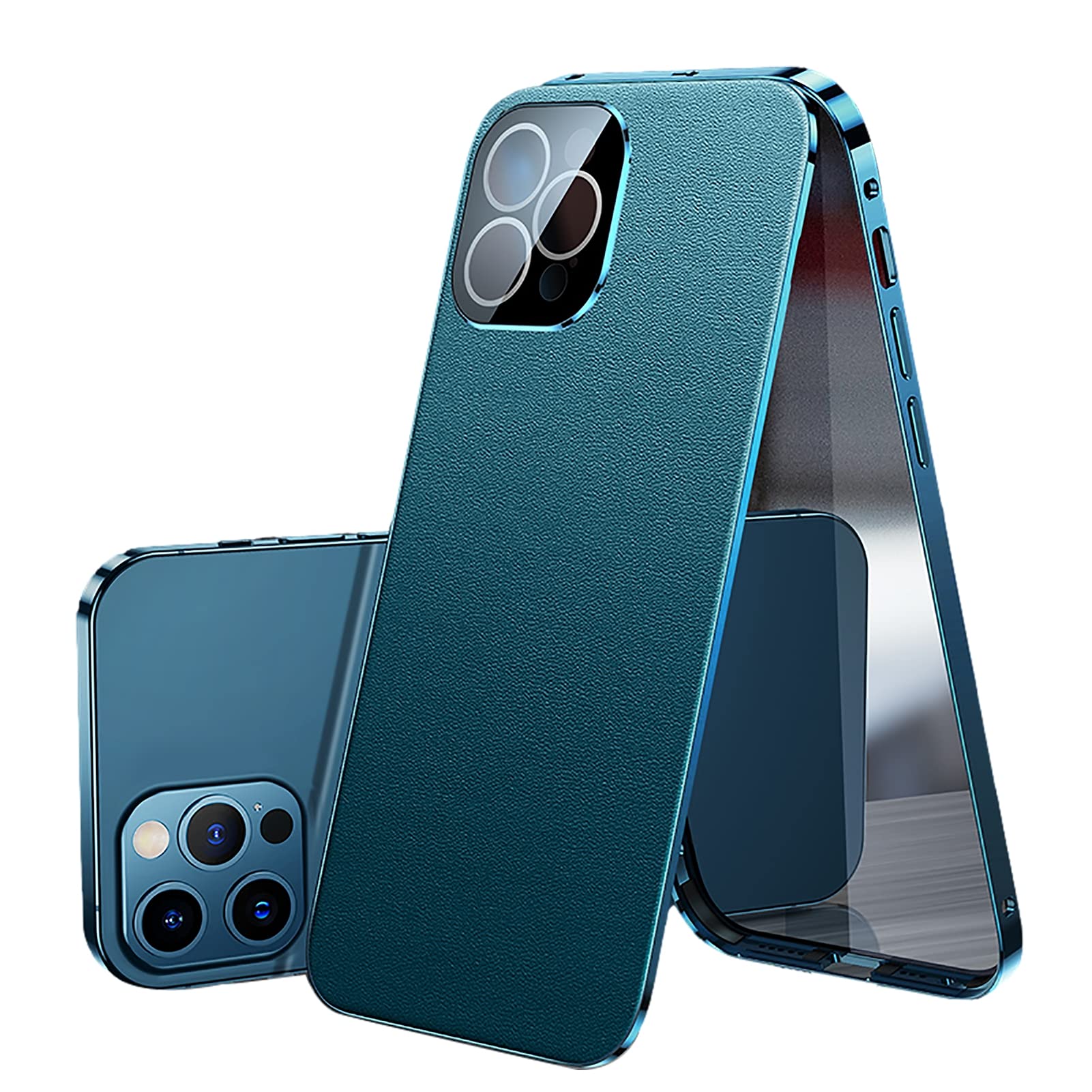Premium Double-Sided iPhone 12/12 Pro/12 Pro Max Case - Front Tempered Glass & Genuine Leather Back Cover | 360° Full-Body Protection Shockproof Case (Blue) | Perfect for Work, Travel & Everyday Use