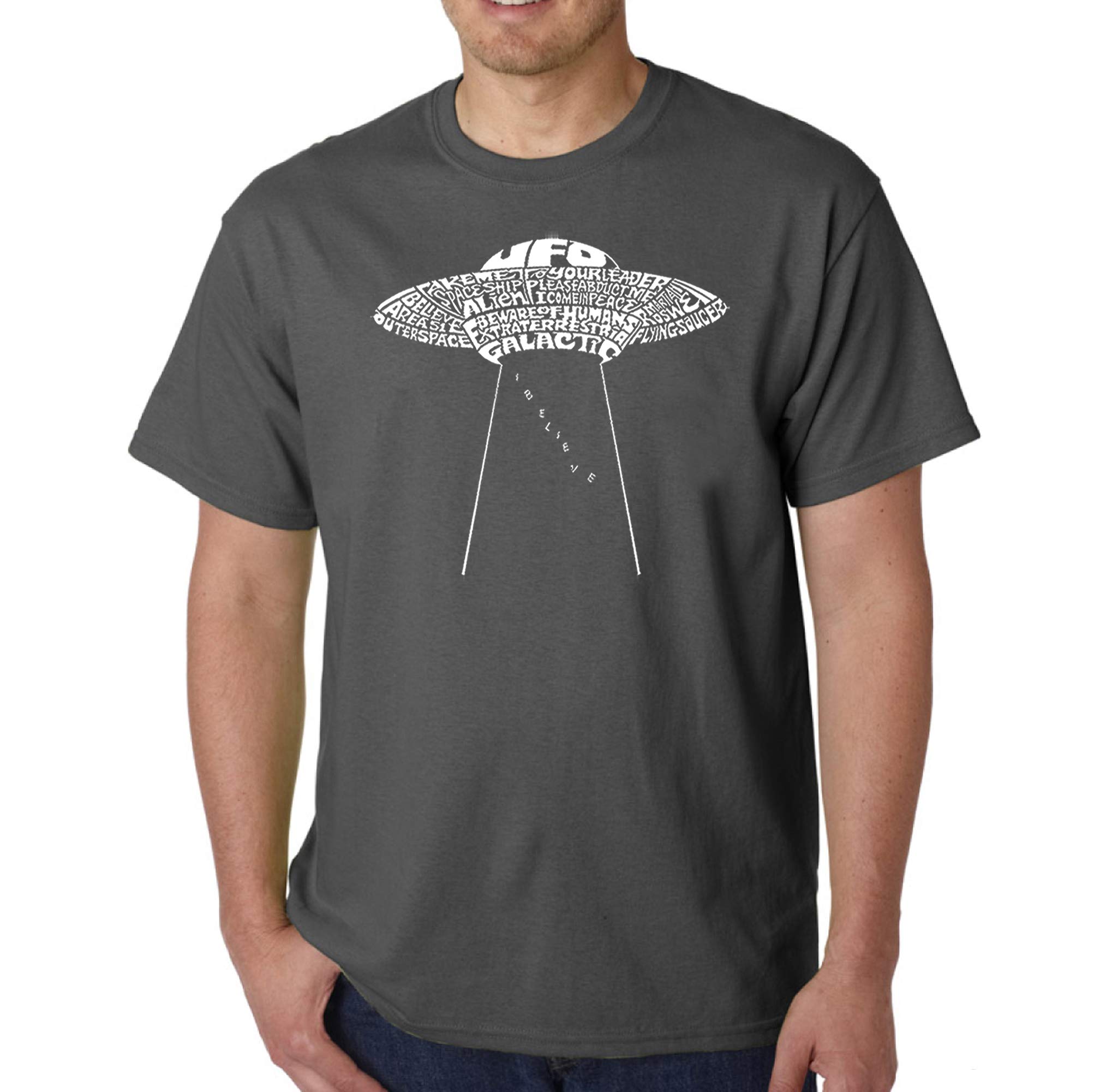 LA POP ART Men's Word Art Graphic T-Shirt - Flying Saucer UFO Design | Casual Streetwear & Sci-Fi Fan Apparel