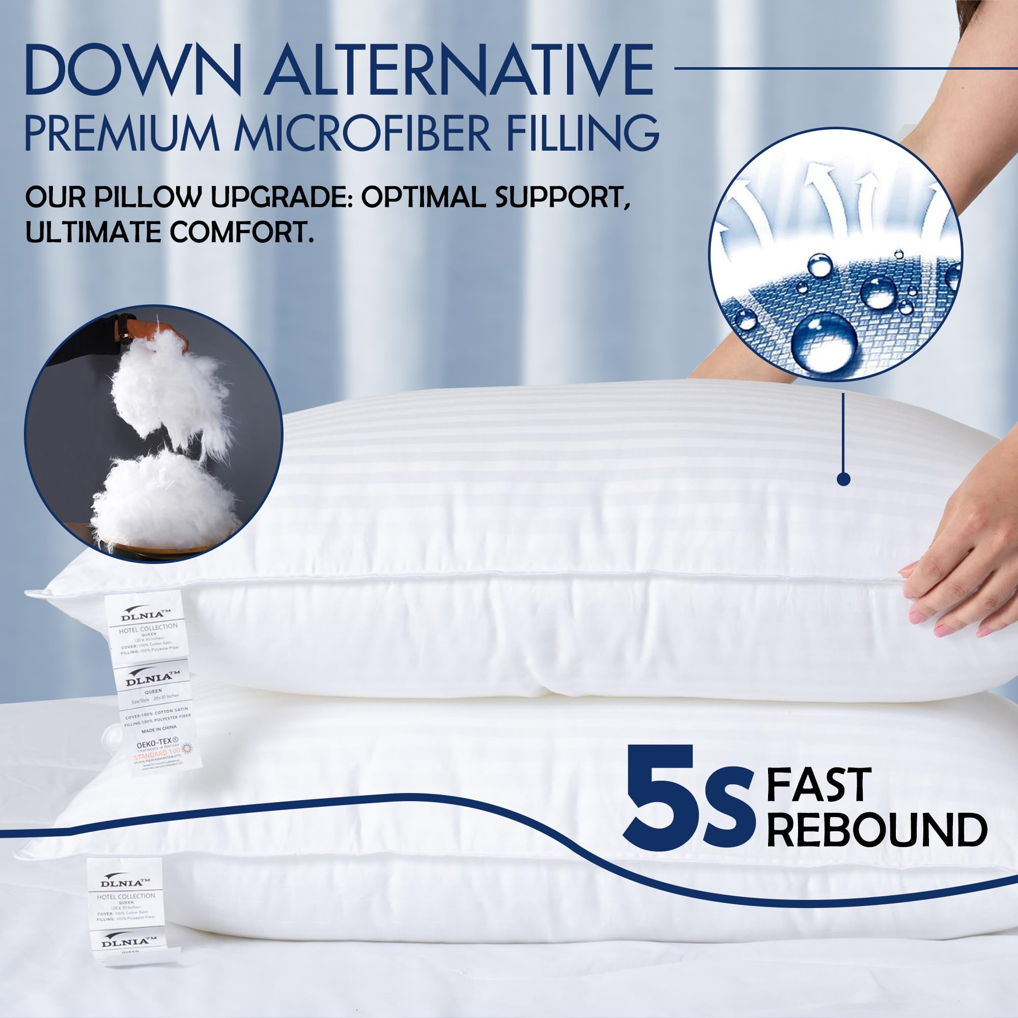Luxury Queen Size Bed Pillows Set of 2 - Hotel Quality Hypoallergenic Down Alternative Pillows for Side & Stomach Sleepers, Soft Firm Support with Thermal Technology - Perfect for Home, Guest Room & Travel Use