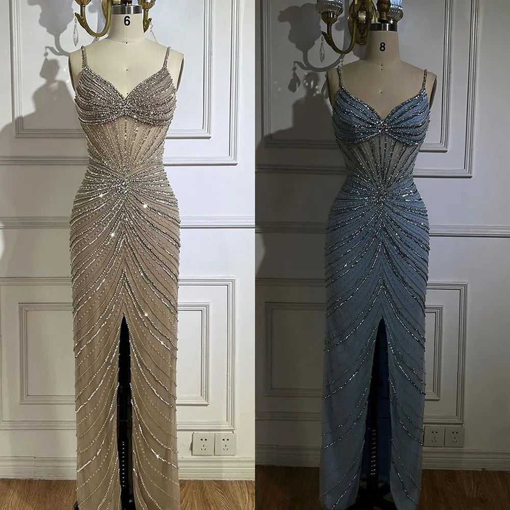 Elegant Dubai Blue Beaded Spaghetti Strap Mermaid Evening Gown with High Slit - Luxury Women's Formal Dress for Weddings, Galas & Red Carpet Events - Perfect for Prom, Cocktail Parties & Special Occasions