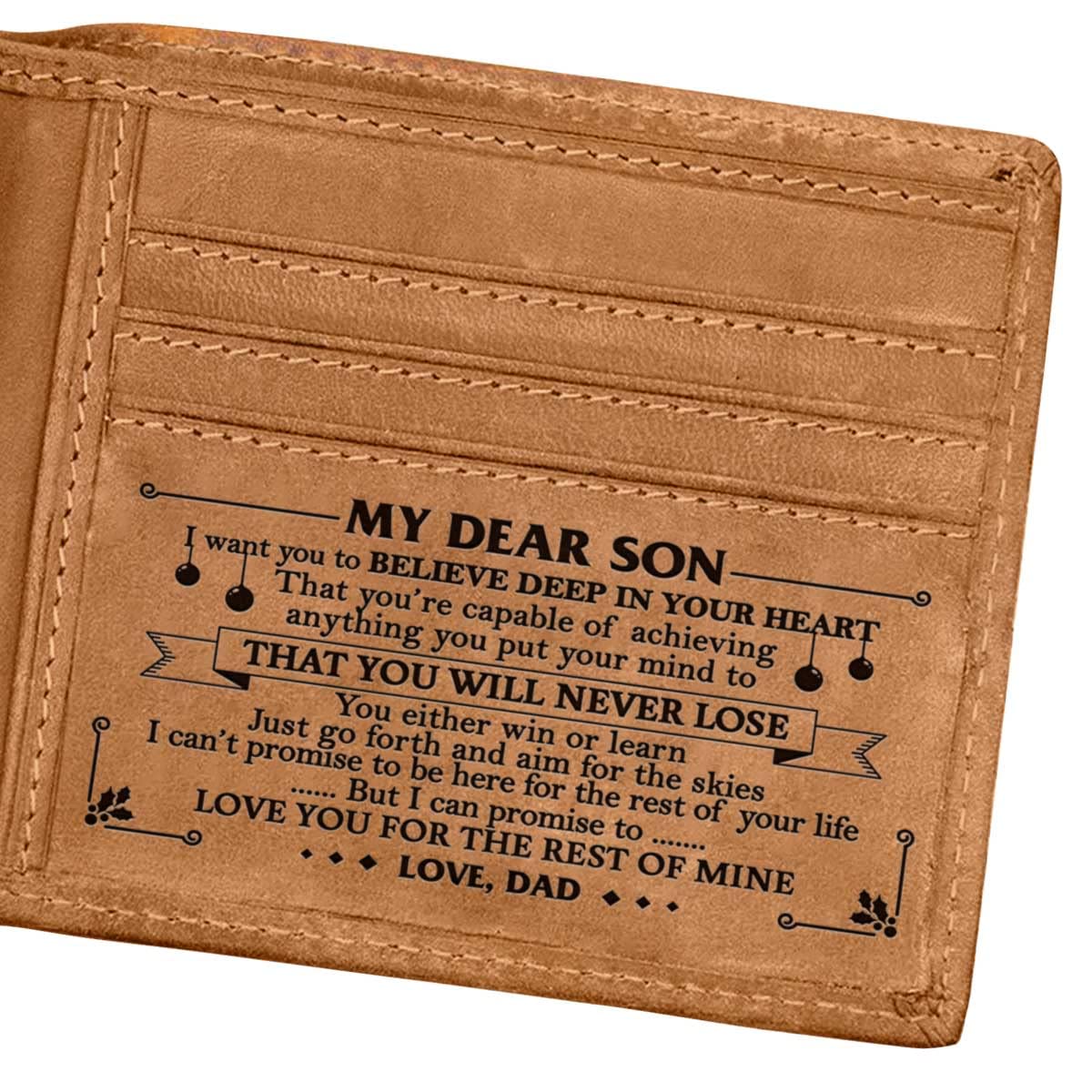 DOPTIKA Engraved Bifold RFID Blocking Wallet for Men - Personalized Father to Son Gift with 'Just Go Forth & Aim For The Skies' Message - Ideal Back to School Gift for Students - Perfect for Graduation, Birthday & Special Occasions