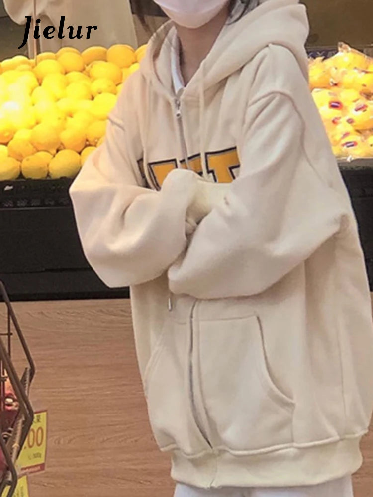 Women's Casual Zip Up Hoodie with Letter Print - Apricot Loose Fit Streetwear Sweatshirt with Pockets | Winter Fashion Basic for Everyday Wear, Gym, and Outdoor Activities