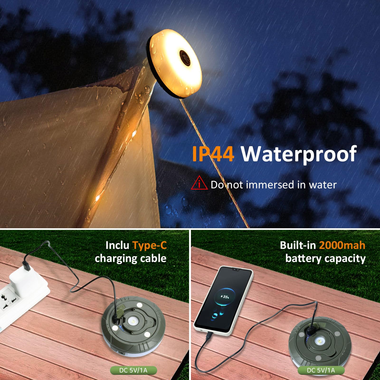 32.8FT USB Rechargeable Camping String Lights - 4-in-1 Waterproof Fairy Lights with 8 Lighting Modes & 30s Recovery, 2000mAh Battery for Tent, RV, Yard, Garden Decor | Perfect for Outdoor Camping, Hiking, Backyard Parties and Patio Lighting