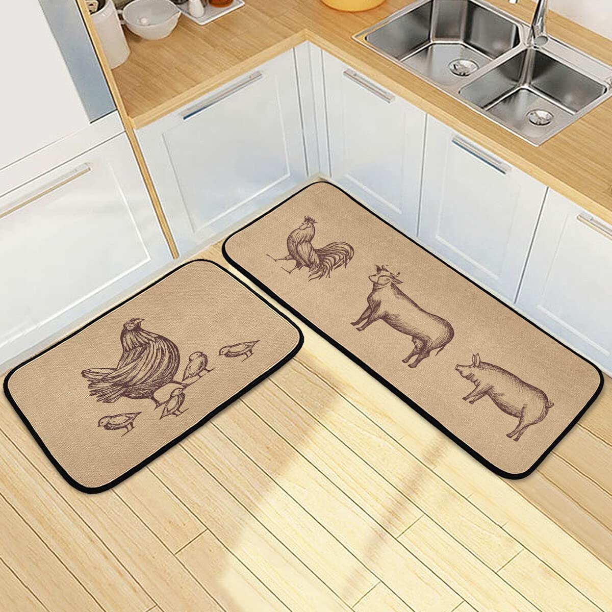 Farmhouse Rooster Kitchen Rugs Set of 2 - Non-Slip Washable Runner Mats for Kitchen & Living Room Floor - Fall Home Decor for Farmhouse Style & Country Kitchen