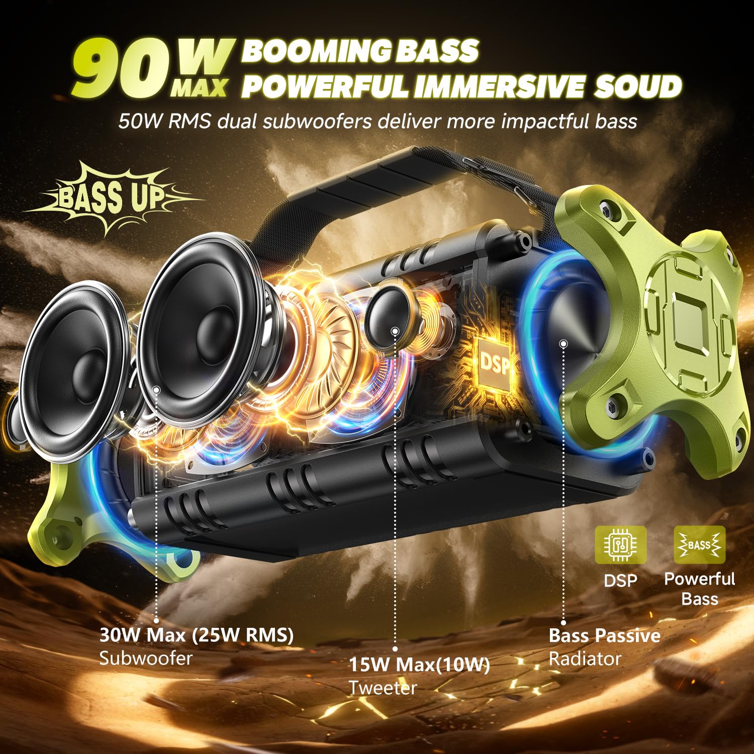 W-KING 90W Max Portable Bluetooth Speaker - IPX6 Waterproof Wireless Speaker with 50W Deep Bass, Hi-Fi Audio, 40H Playback, Built-in Power Bank, Stereo Pairing & EQ for Outdoor, Camping, Beach & Party Use