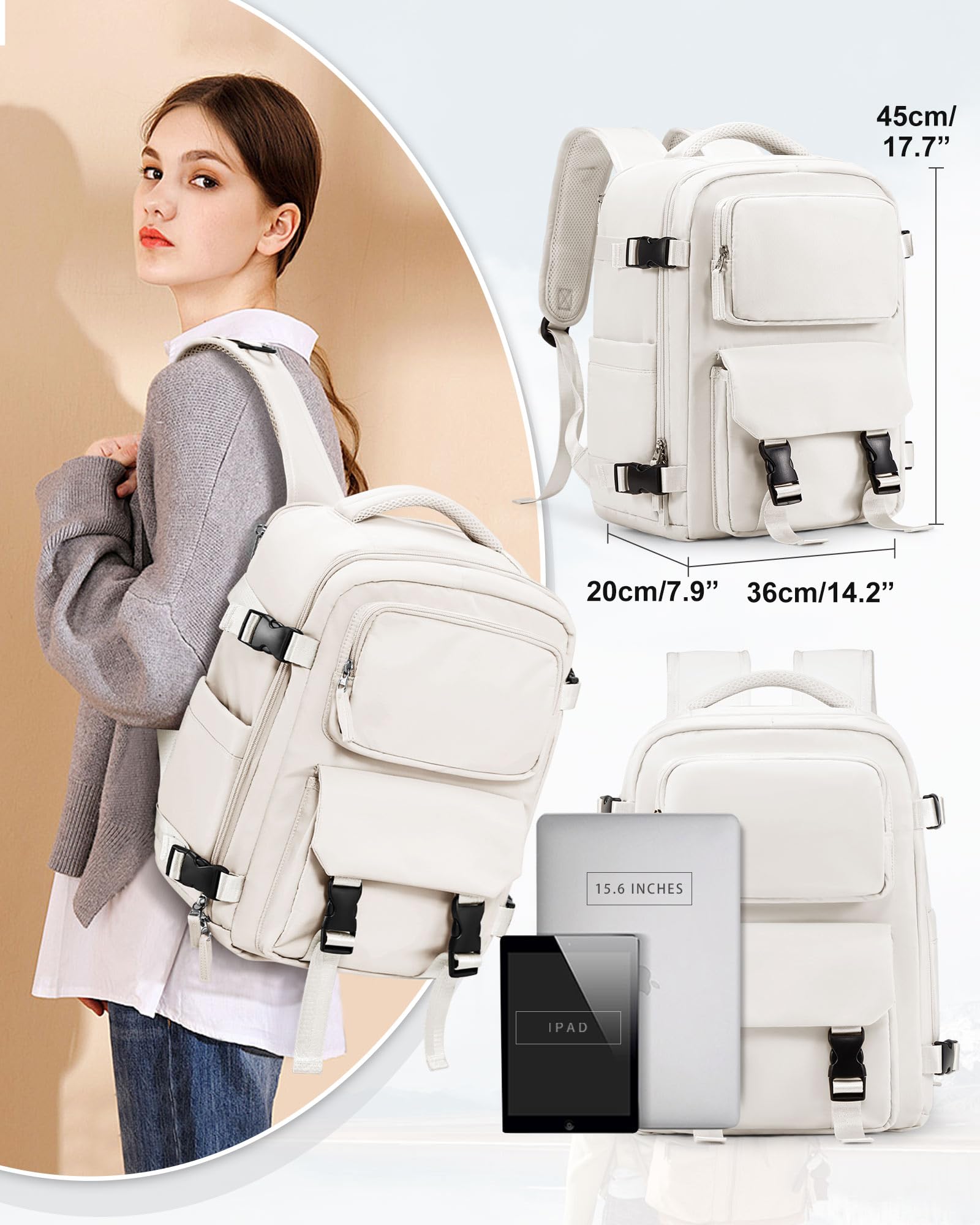 Expandable Flight Approved Travel Laptop Backpack for Women & Men - Waterproof Carry On Backpack for College, Business, Hiking & Weekender Trips (Beige) | Perfect for Air Travel, Commuting & Outdoor Adventures