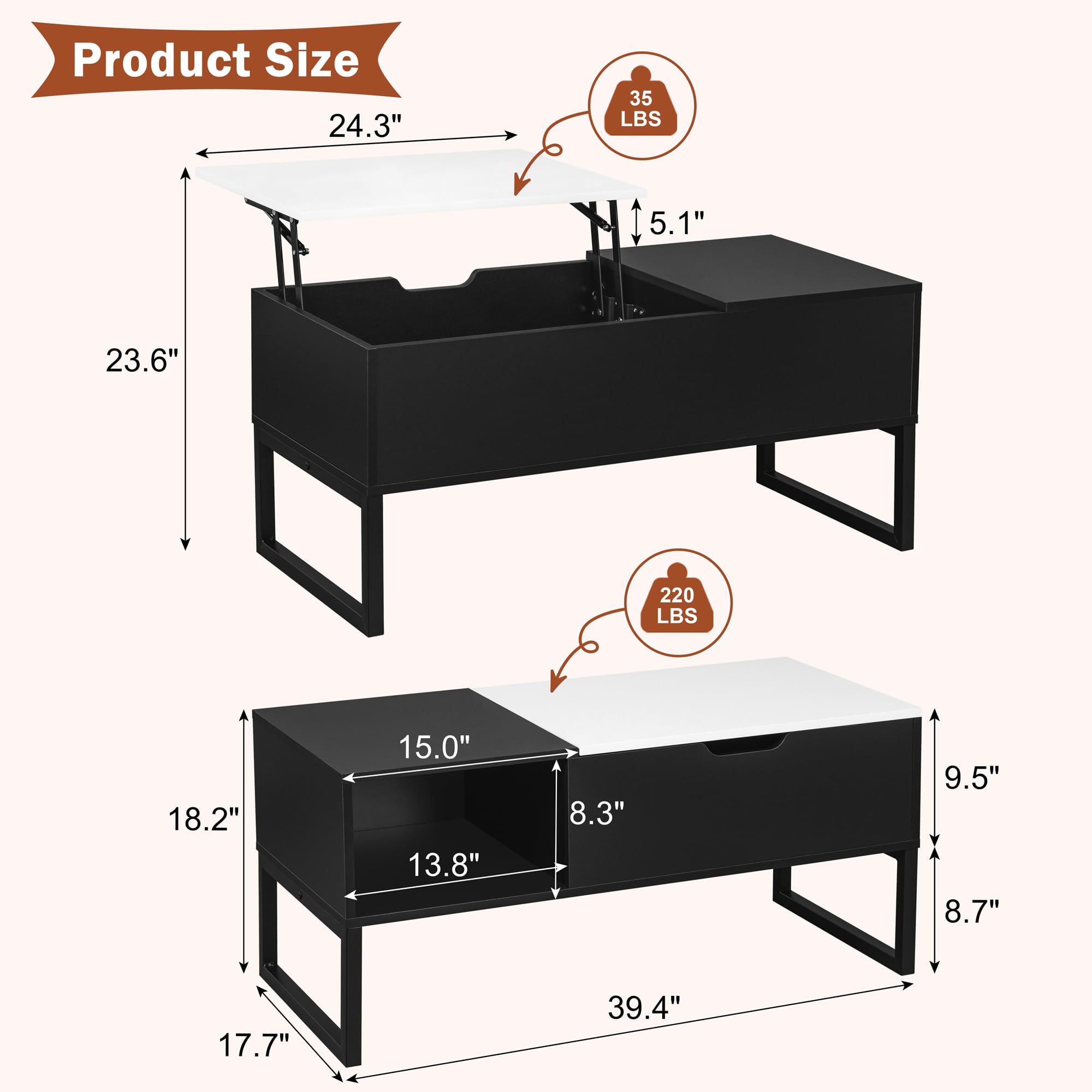 Modern Black Lift-Top Coffee Table - 40