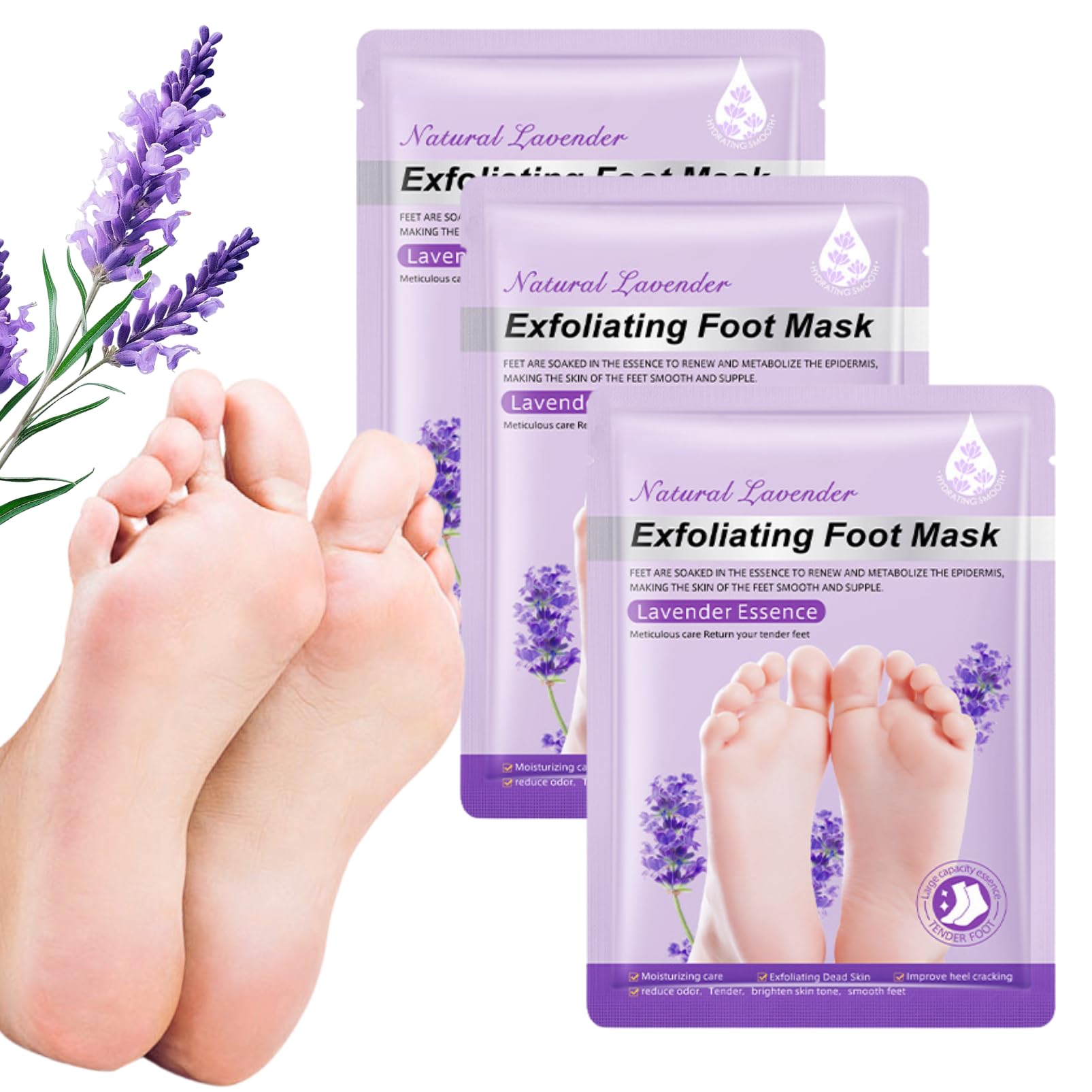 3 Pairs Lavender Foot Peel Mask for Hard Skin - Moisturizing & Exfoliating Foot Mask Socks - Nourishes & Softens Feet - Perfect for Pedicures, Spa Days & At-Home Foot Care