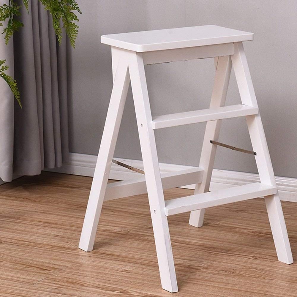 OKUOKA Solid Wood Step Stool - Foldable Kitchen Stool, Portable Ladder Stool for Home, Living Room, Bedroom - Non-Slip White Step Stool for Kids & Adults (Perfect for Reaching High Shelves & Storage)