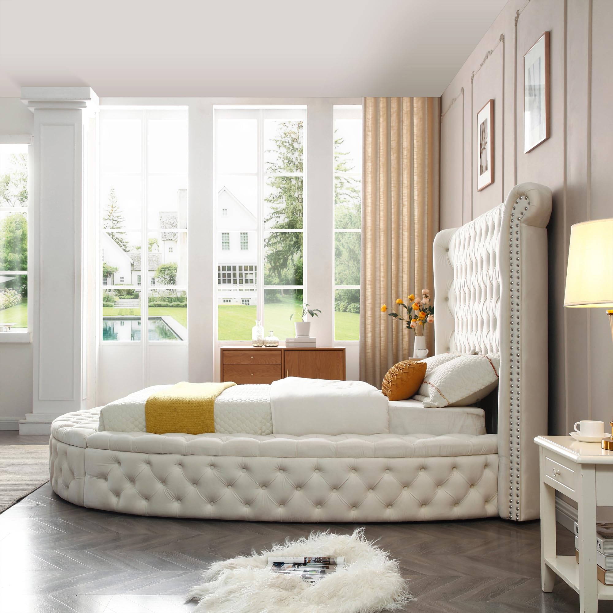 Better Home Products Elizabeth Upholstered Round Storage Queen Bed in Cream - Luxurious Fabric Upholstered Platform Bed with Underbed Storage - Perfect for Small Bedrooms & Guest Rooms