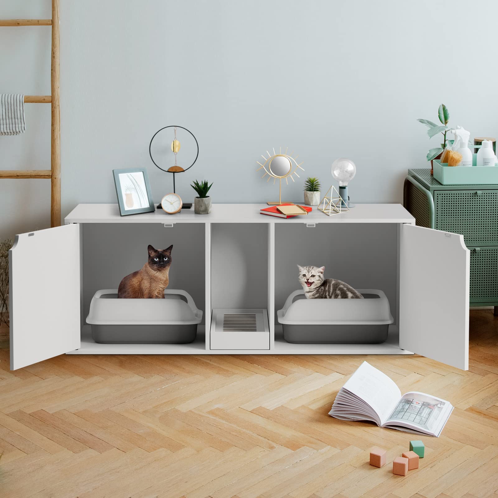 Modern Wooden Cat Litter Box Enclosure for 2 Cats - Stackable Large Cat Washroom Storage Cabinet with Removable Tray - Multi-Functional Bench & End Table Furniture (White) - Perfect for Living Rooms, Bedrooms & Small Spaces