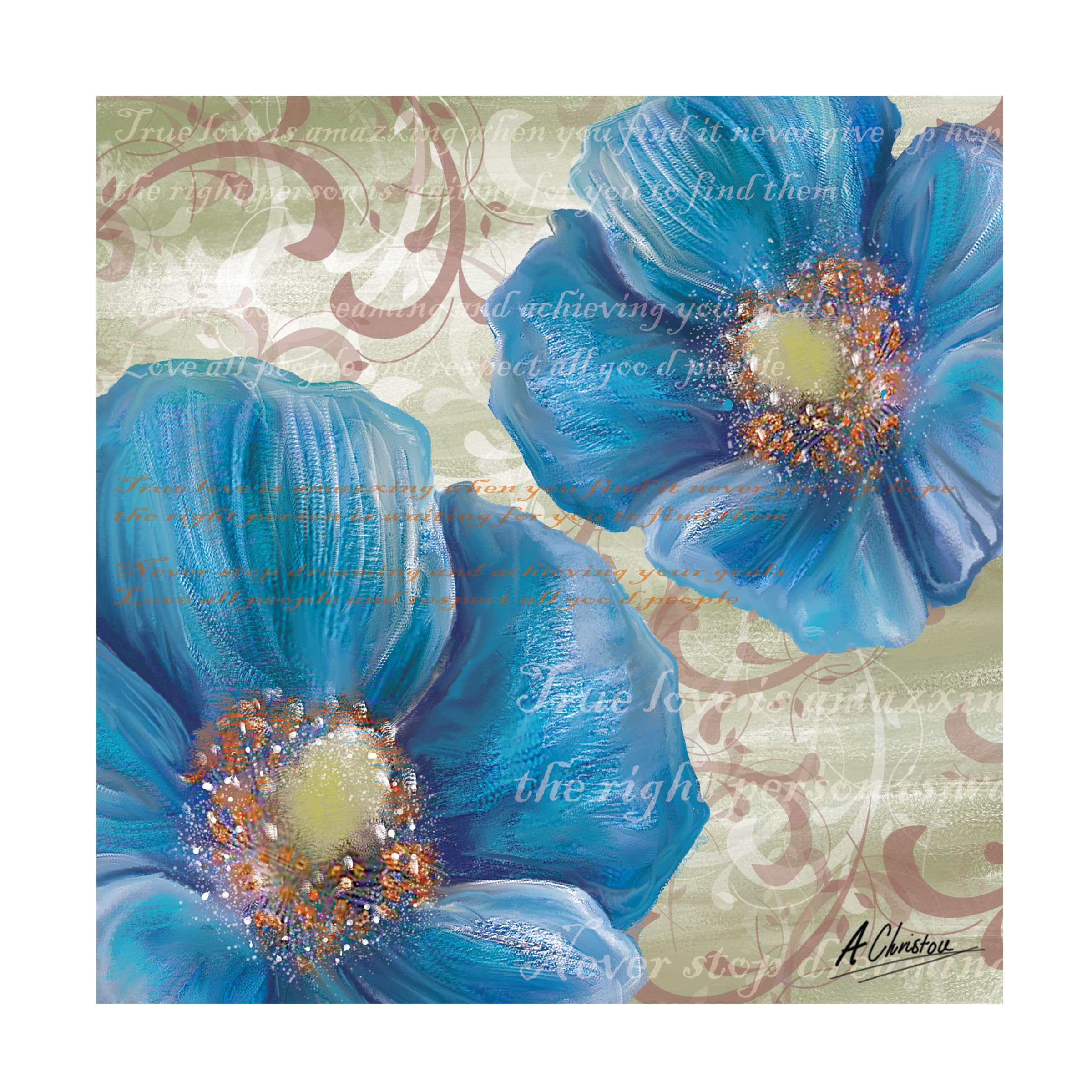 Anthony Christou Blue Poppies and Text 2 Canvas Art Print - Modern Floral Wall Decor for Living Room, Bedroom & Office - Trademark Fine Art Collection