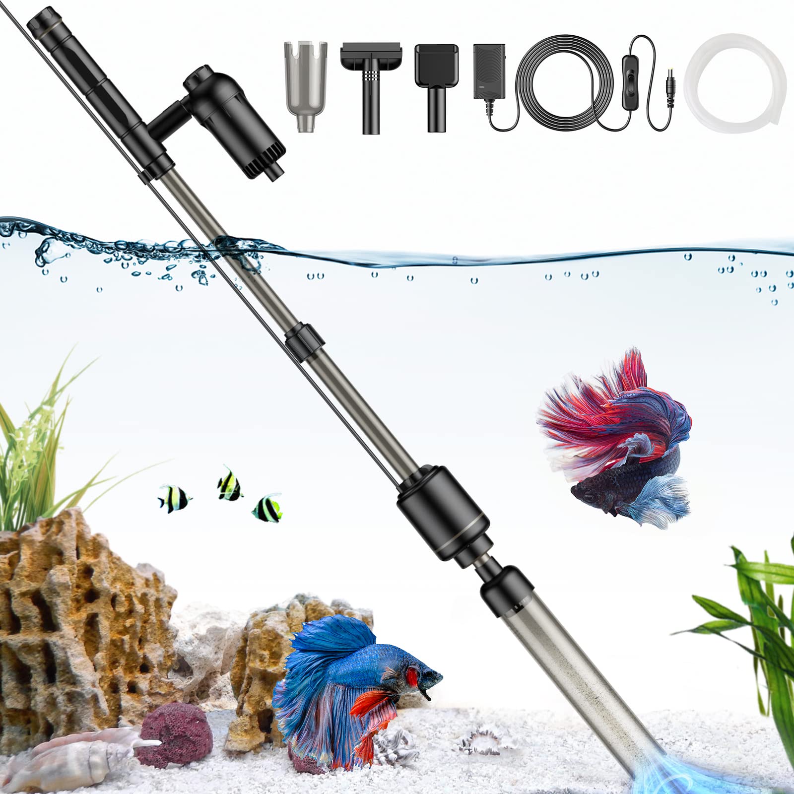**AKKEE 6-in-1 Aquarium Gravel Cleaner – 18W Powerful Fish Tank Vacuum, Water Changer, Sand Washer & Filter Pump – IP68 Waterproof (Black) – Ideal for Freshwater & Saltwater Tank Maintenance**