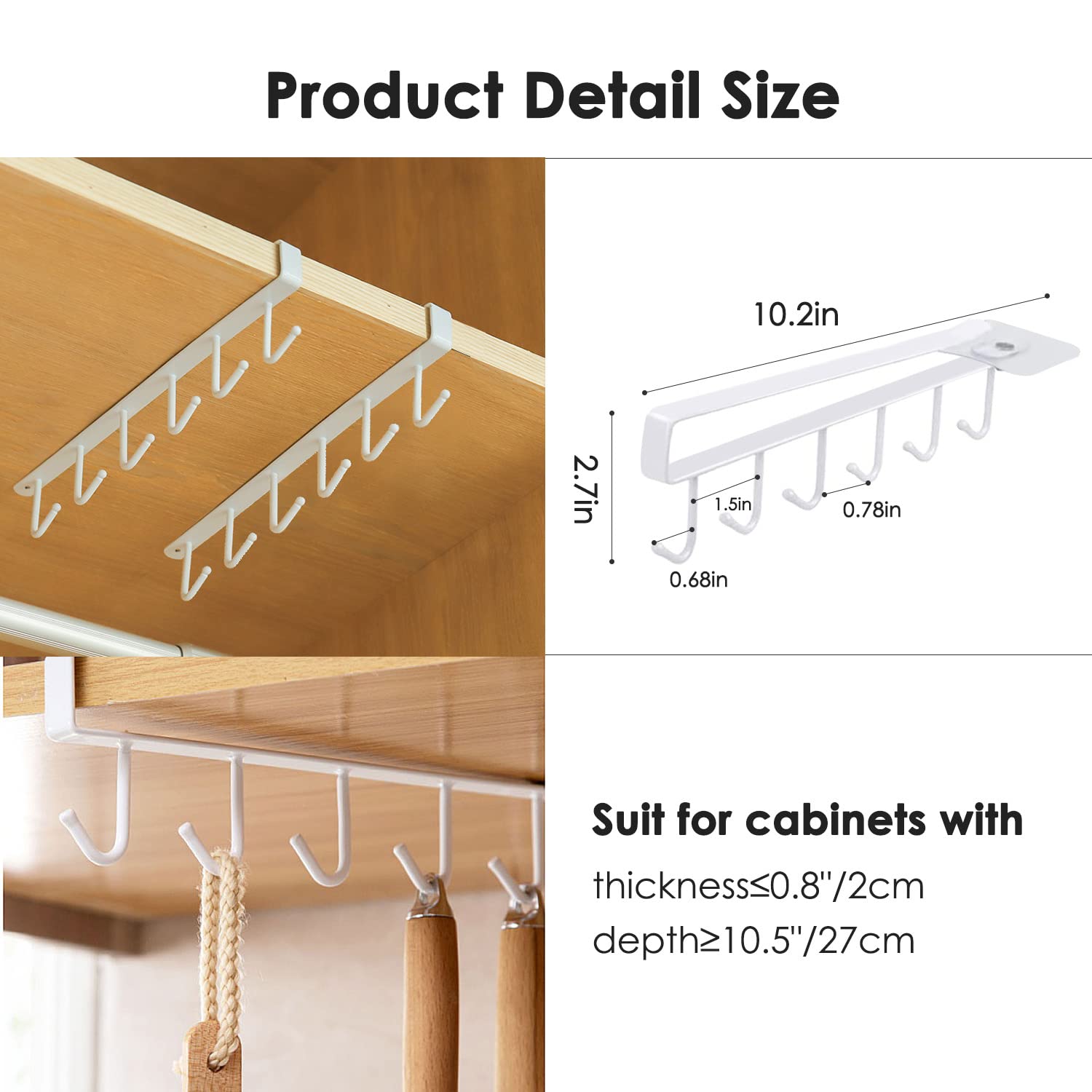 3-Pack Under Cabinet Mug Hangers - 6 Hook Adhesive Cup Holder for Coffee Mugs - Space Saving Kitchen Organization for Cabinets, Pantry & Office