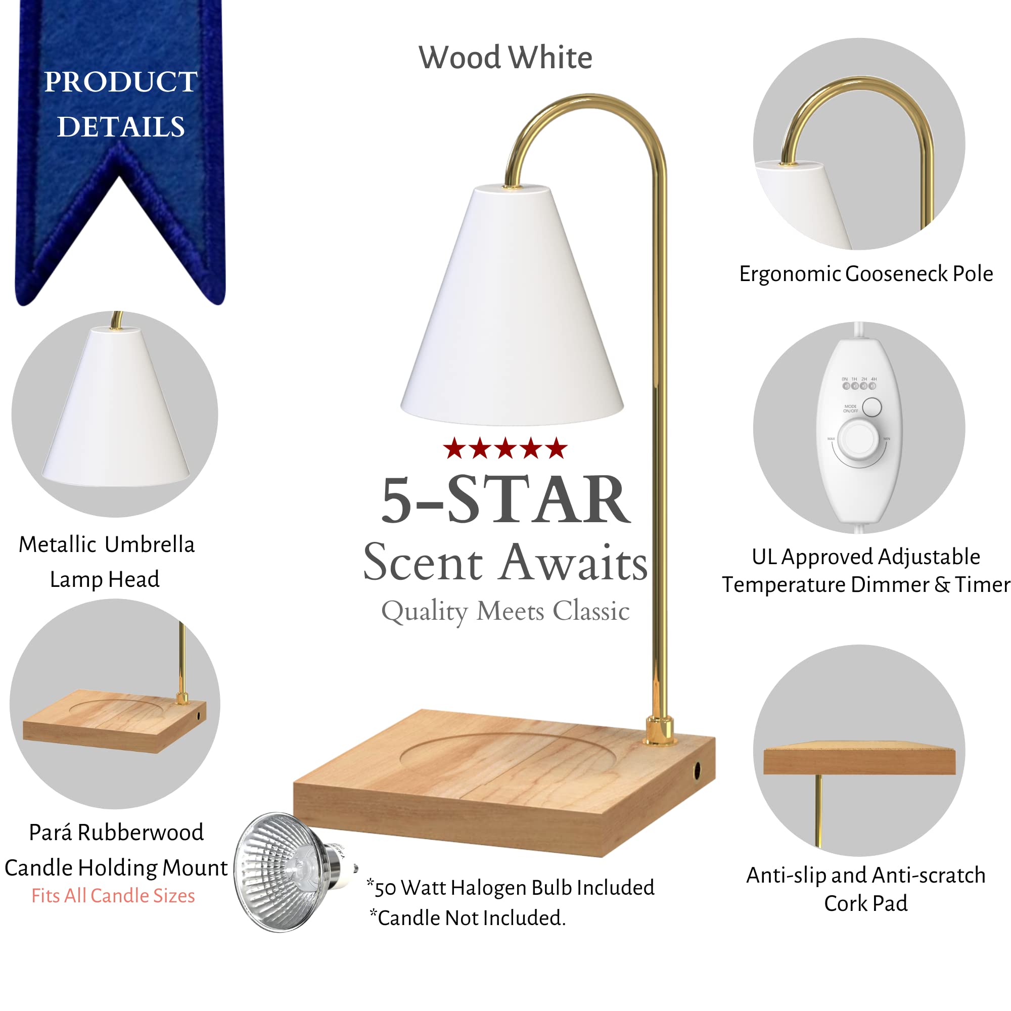 CozyBerry® Dimmable Candle Warmer Lamp with Timer - Yankee Candle Large Jar Compatible Melter for Scented Candles & Wax Melts - Perfect for Home, Office, Bedroom & Relaxation (Wood White)