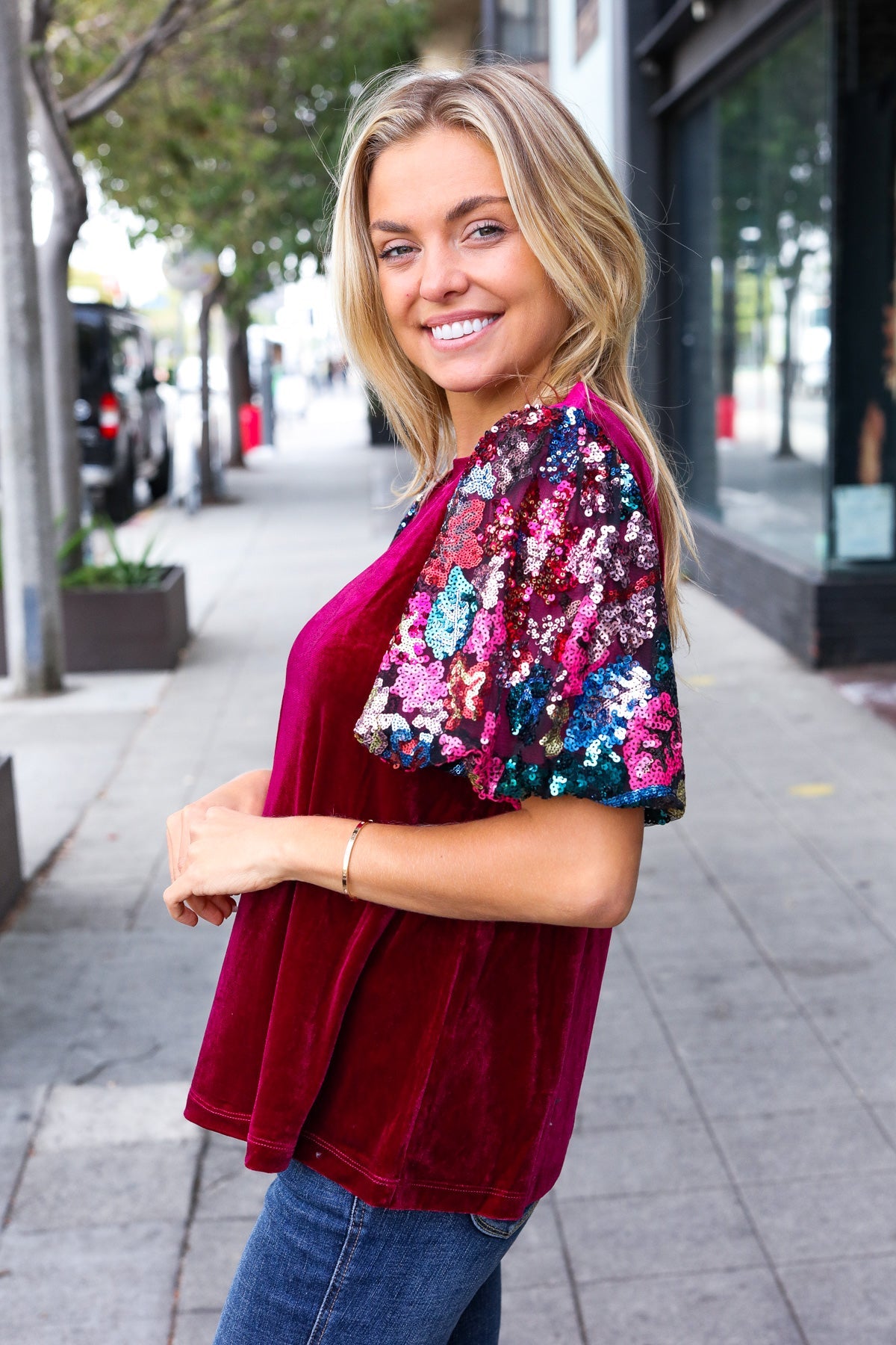 Diva Dreams Women's Sequin Floral Puff Sleeve Velvet Blouse - Elegant Party Top for Night Out, Dinner Date & Special Occasions