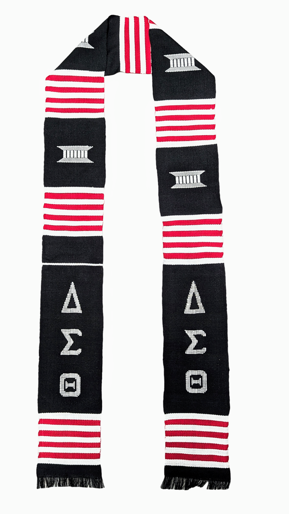 Authentic Handwoven Ghanaian Kente Sash - Black, Red & White Heritage Stole (DST Edition DPDST700) | Perfect for Cultural Celebrations, Weddings & African Fashion Events