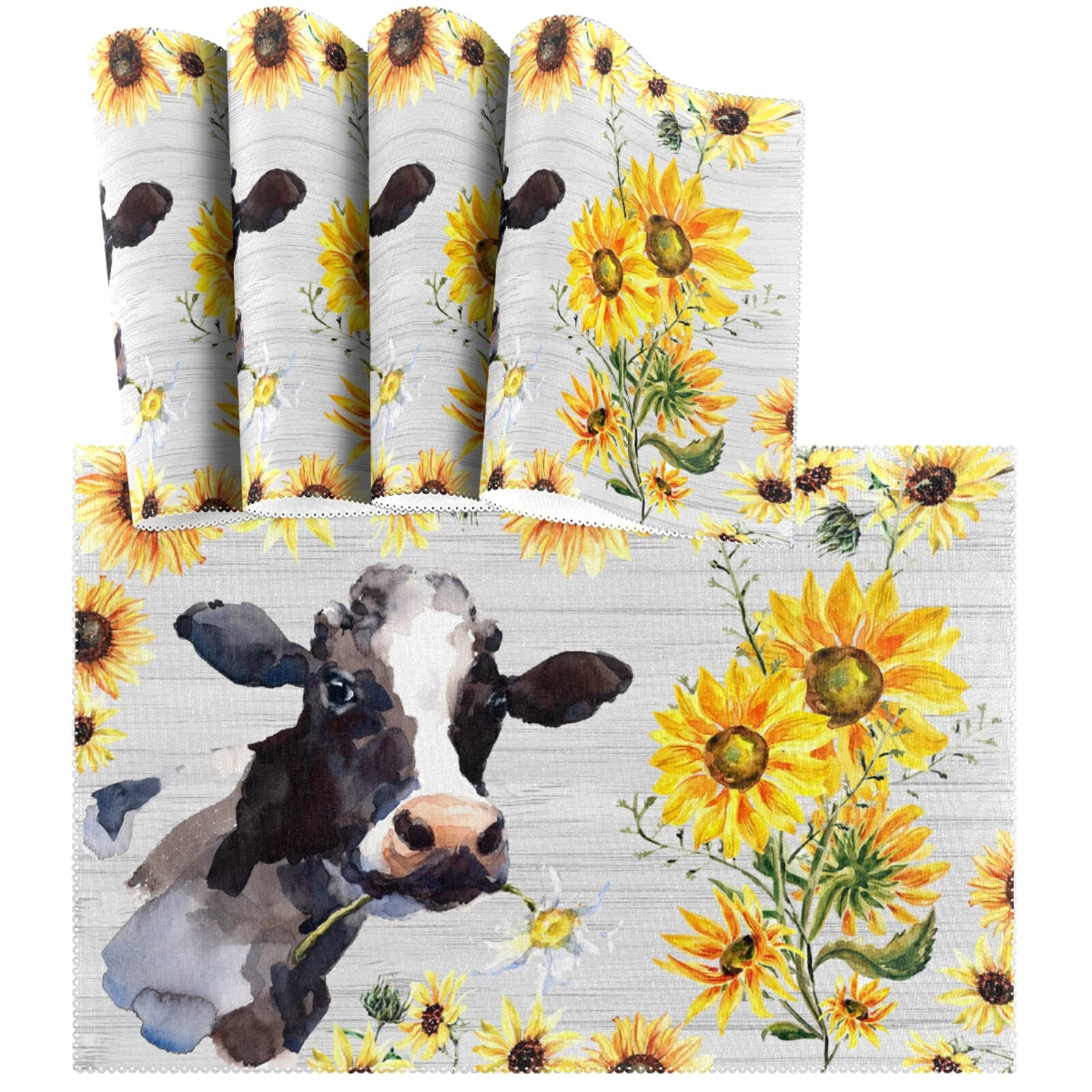 Sunflower Cow Print Non-Slip Placemats Set of 4 - Heat Resistant & Washable Kitchen Table Mats (12