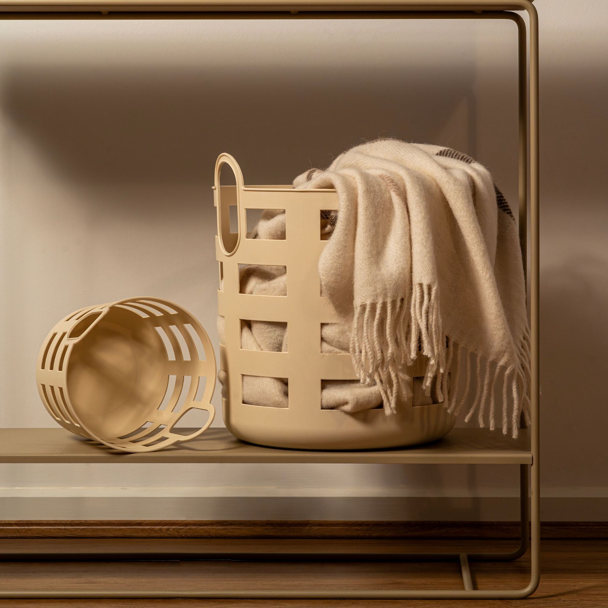 ENKEL STUDIO Large Woven Storage and Laundry Basket Set of 2 - Sand Color Foldable Fabric Hamper for Bedroom, Bathroom & Nursery Organization - Perfect for Clothes, Toys & Home Essentials