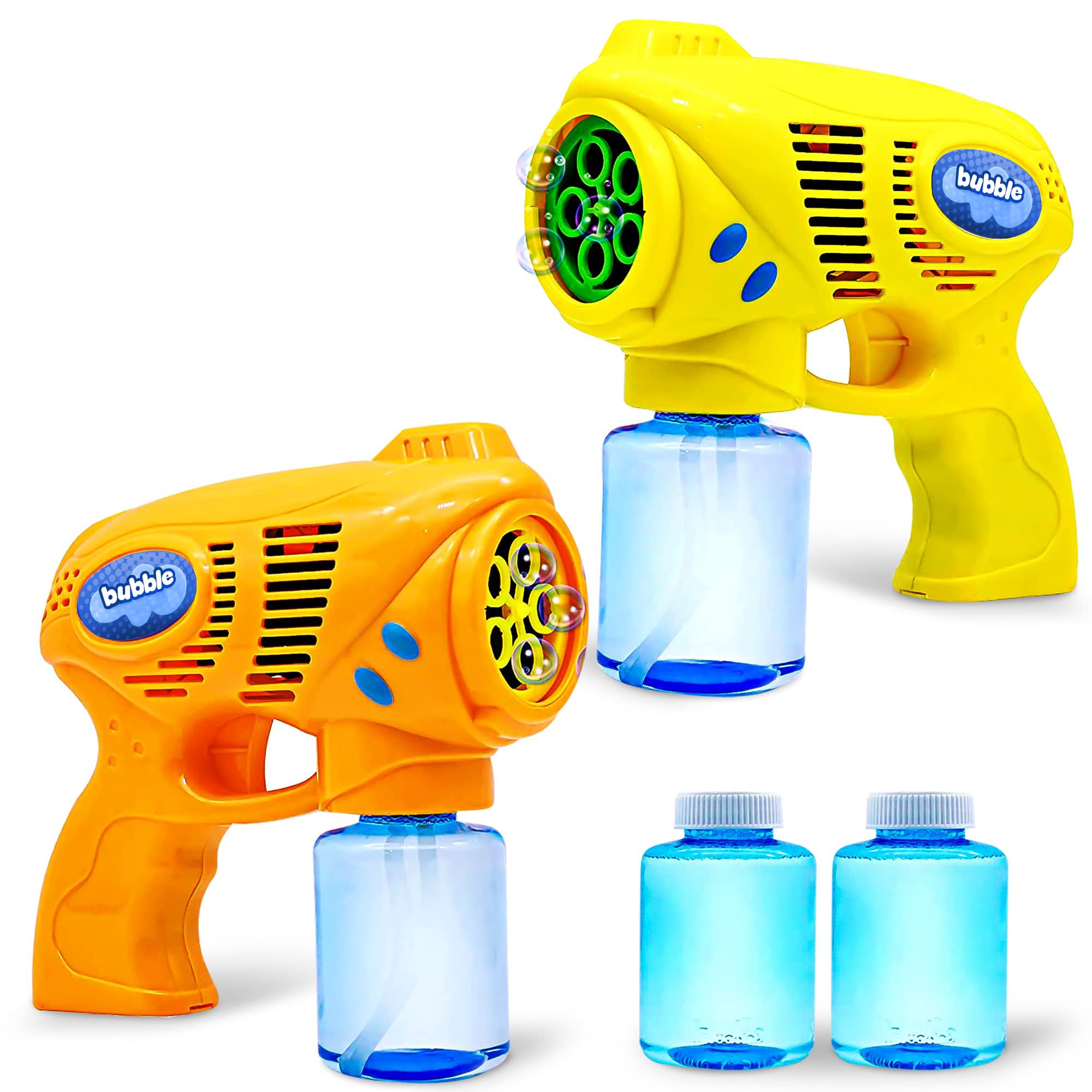 JOYIN 2 Pack Bubble Guns with 2 Bottles Refill Solution (10 oz Total) - Bubble Blower Maker Toy for Kids & Toddlers - Outdoor Play, Birthday Party Favors, Easter Basket Stuffers - Perfect for Backyard Fun, Park Playdates and Summer Activities (Yellow+Orange)