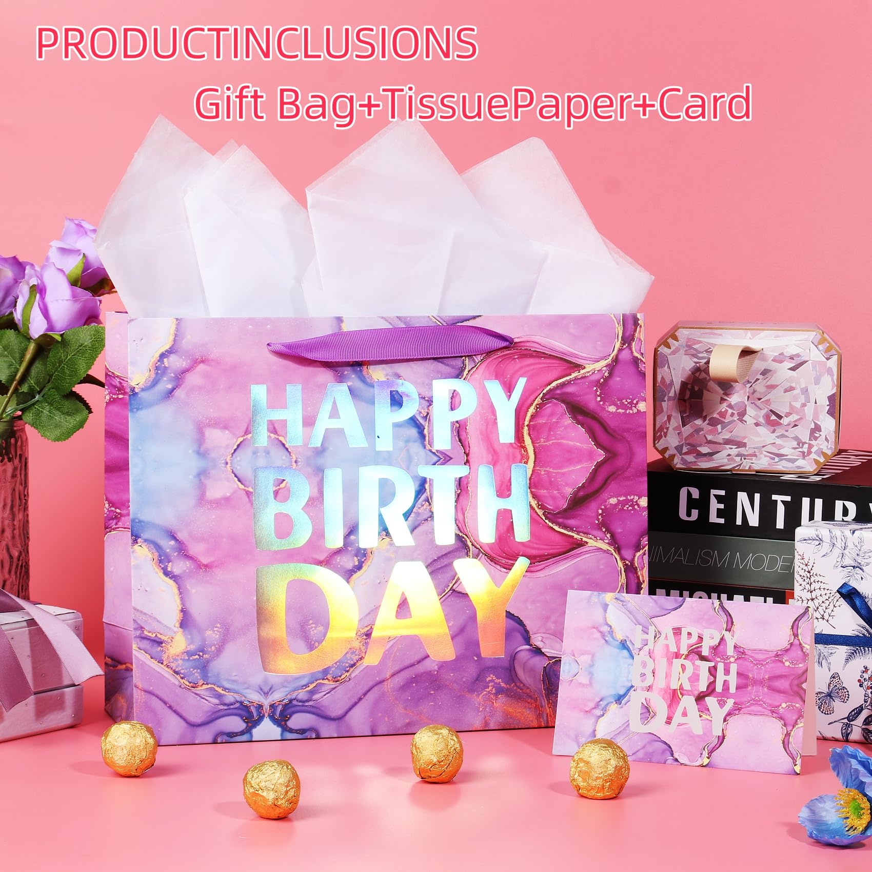 PARNOG 13 Inch Large Happy Birthday Gift Bags with Tissue Paper & Greeting Card - Perfect for Girls, Kids & Women Birthday Parties, Baby Showers & Special Occasions