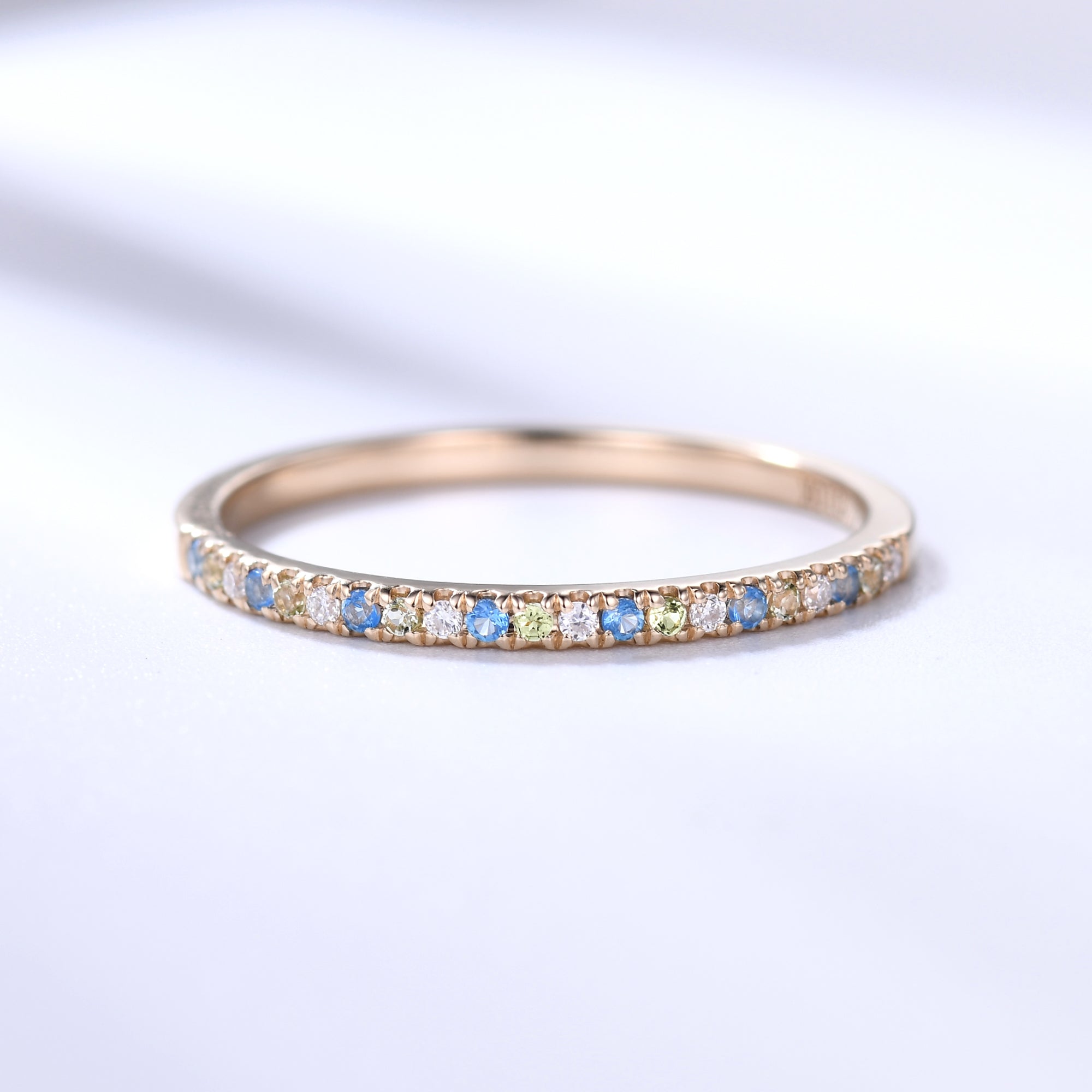 Dainty 14K Yellow Gold Half Eternity Wedding Band with Topaz & Peridot Moissanite - Thin Stackable Ring for Women, Bridal Jewelry, Anniversary Gift, Stacking Rings for Everyday Wear
