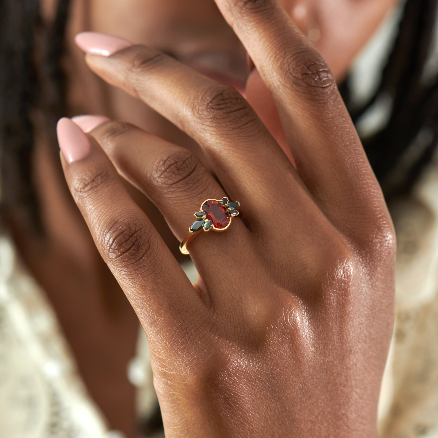 Red Garnet & Black Diamond Engagement Ring - Flowers of Evil Inspired Jewelry for Weddings, Anniversaries & Romantic Gifts