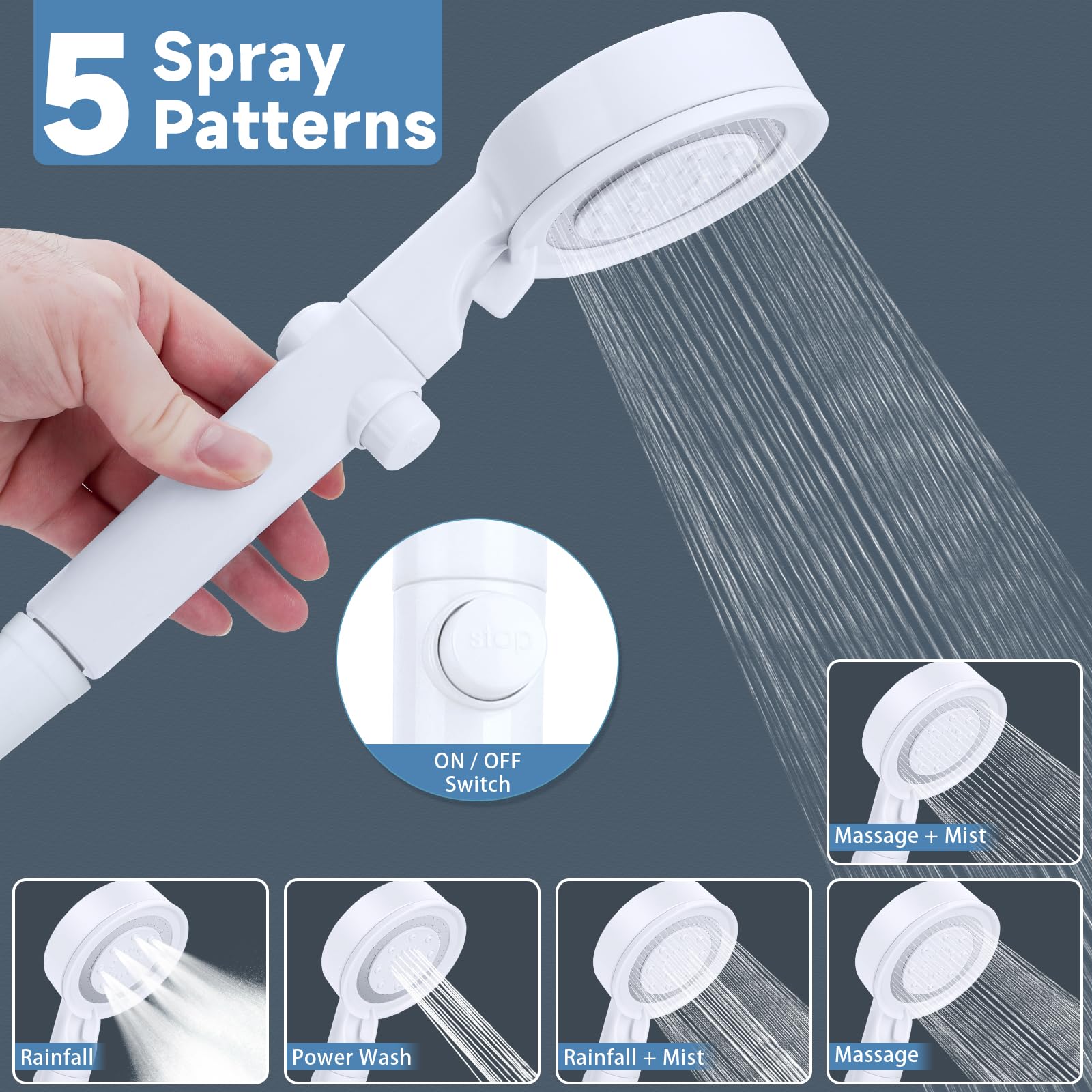 **RV Shower Head with Hose - 5+1 Mode High Pressure Shower Head with On/Off Switch - Water Saving Motorhome & Campervan Shower Head Replacement - Perfect for RV, Caravan, and Camping Trips**