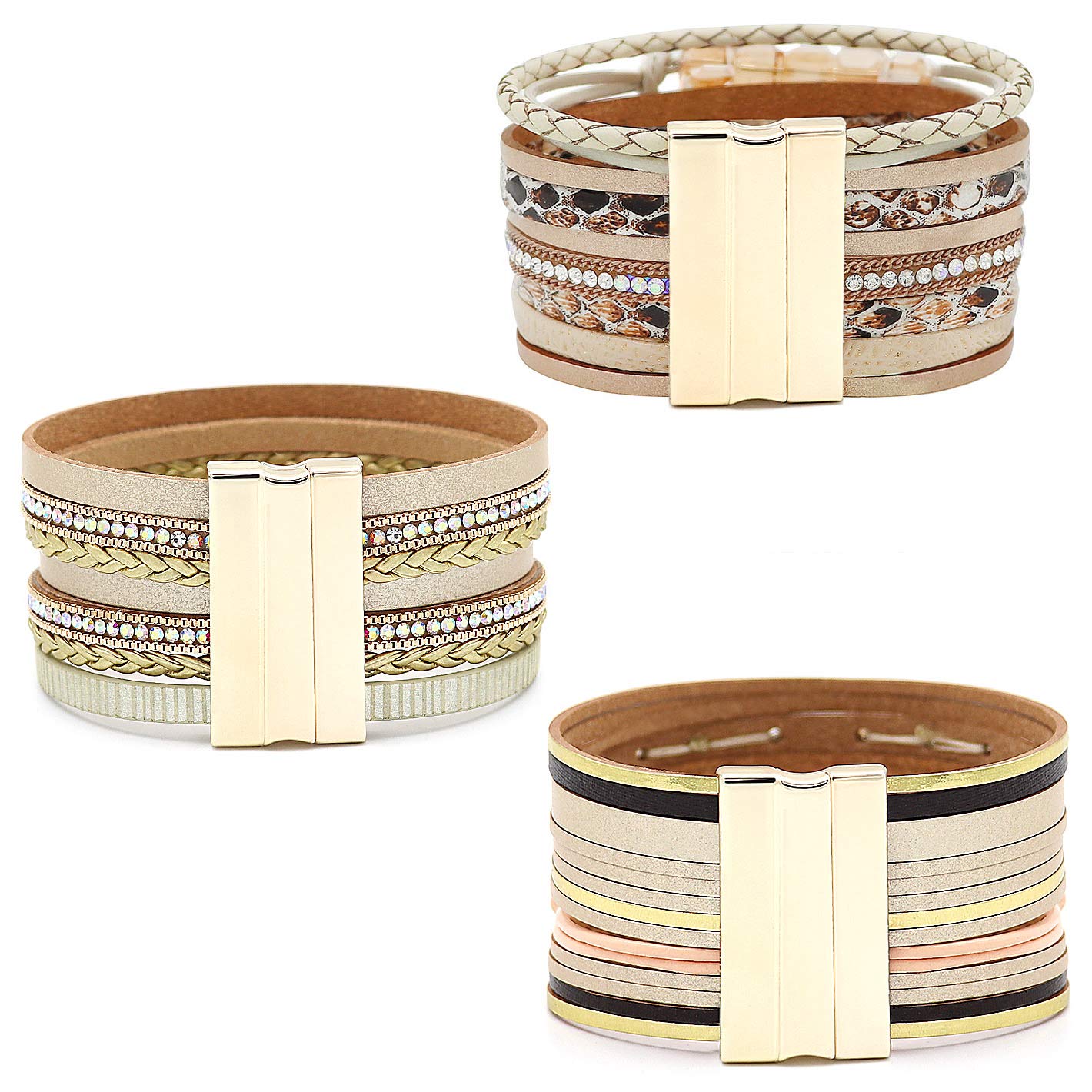 Wowanoo 3-Pack Leather Cuff Bracelet Set for Women - Multilayer Wrap Bracelet with Crystal Feather Tree Design & Magnetic Clasp | Boho Chic Jewelry for Everyday Wear, Parties & Gifts