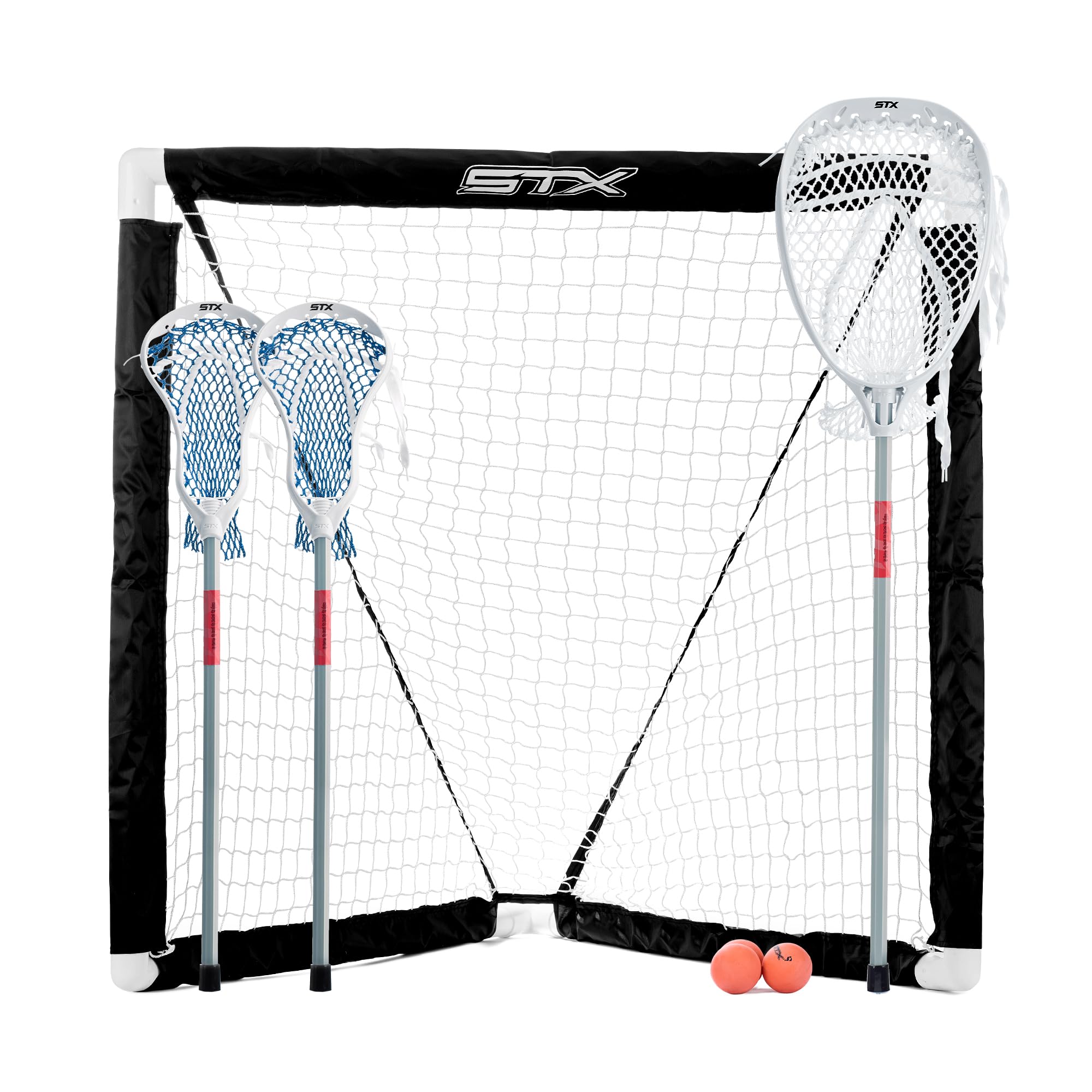 STX Fiddle STX 3-Player Lacrosse Game Set - Includes 2 Field Player Sticks, 1 Goalie Stick, Mini Goal & Balls (White/Grey) - Perfect for Backyard Games, Team Practice & Youth Sports Training