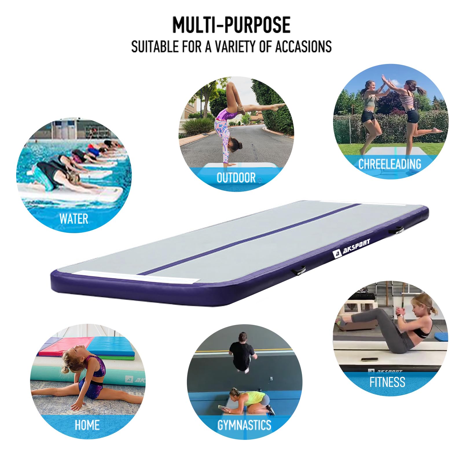 AKSPORT Inflatable Gymnastics Air Mat - Portable Tumble Track for Home, Gym, Training | Perfect for Cheerleading, Parkour, Beach & Water Activities | Includes Air Pump