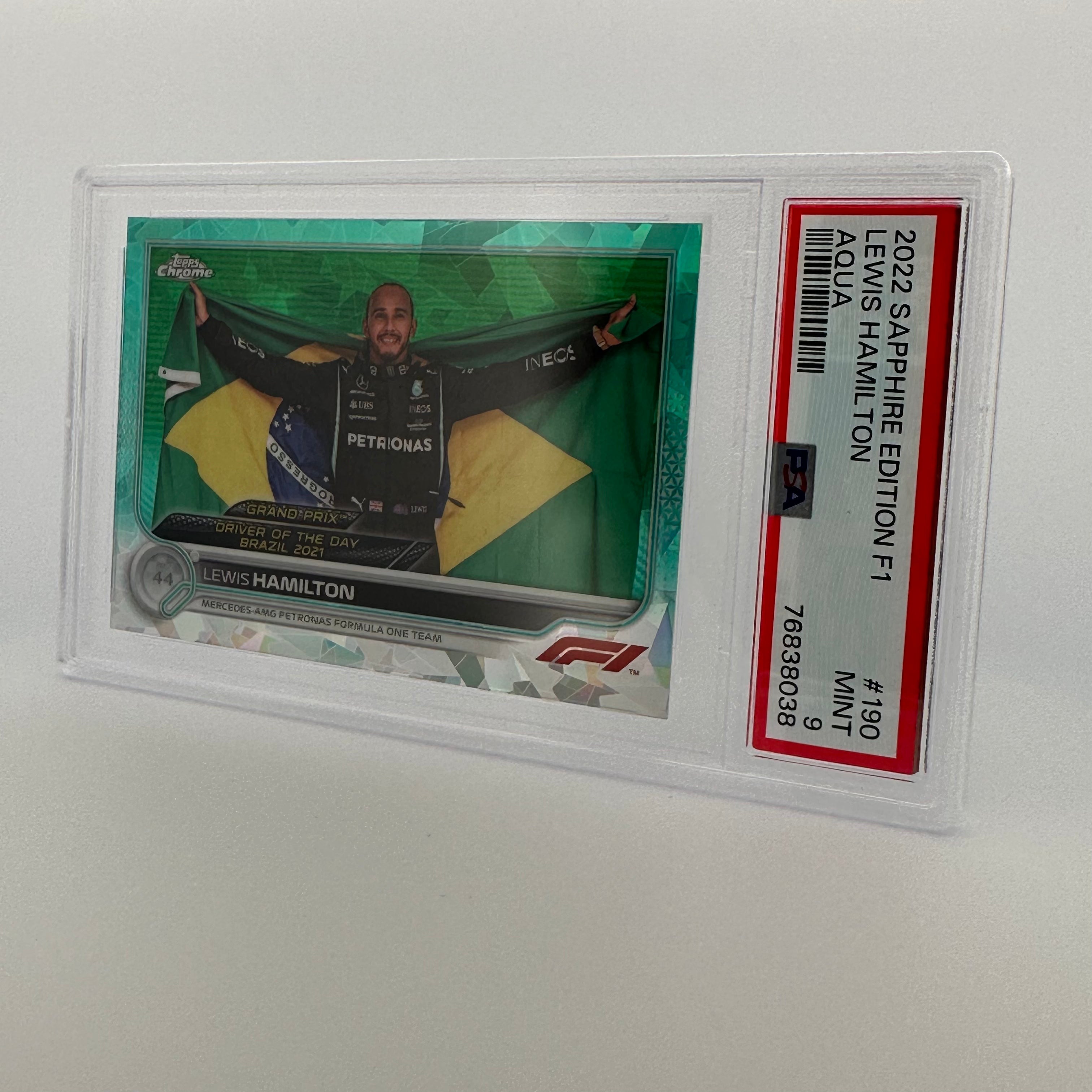 PSA 9 Graded 70/99 Lewis Hamilton #190 Sapphire Edition Aqua - Rare Collectible Trading Card for F1 Fans & Sports Memorabilia Enthusiasts