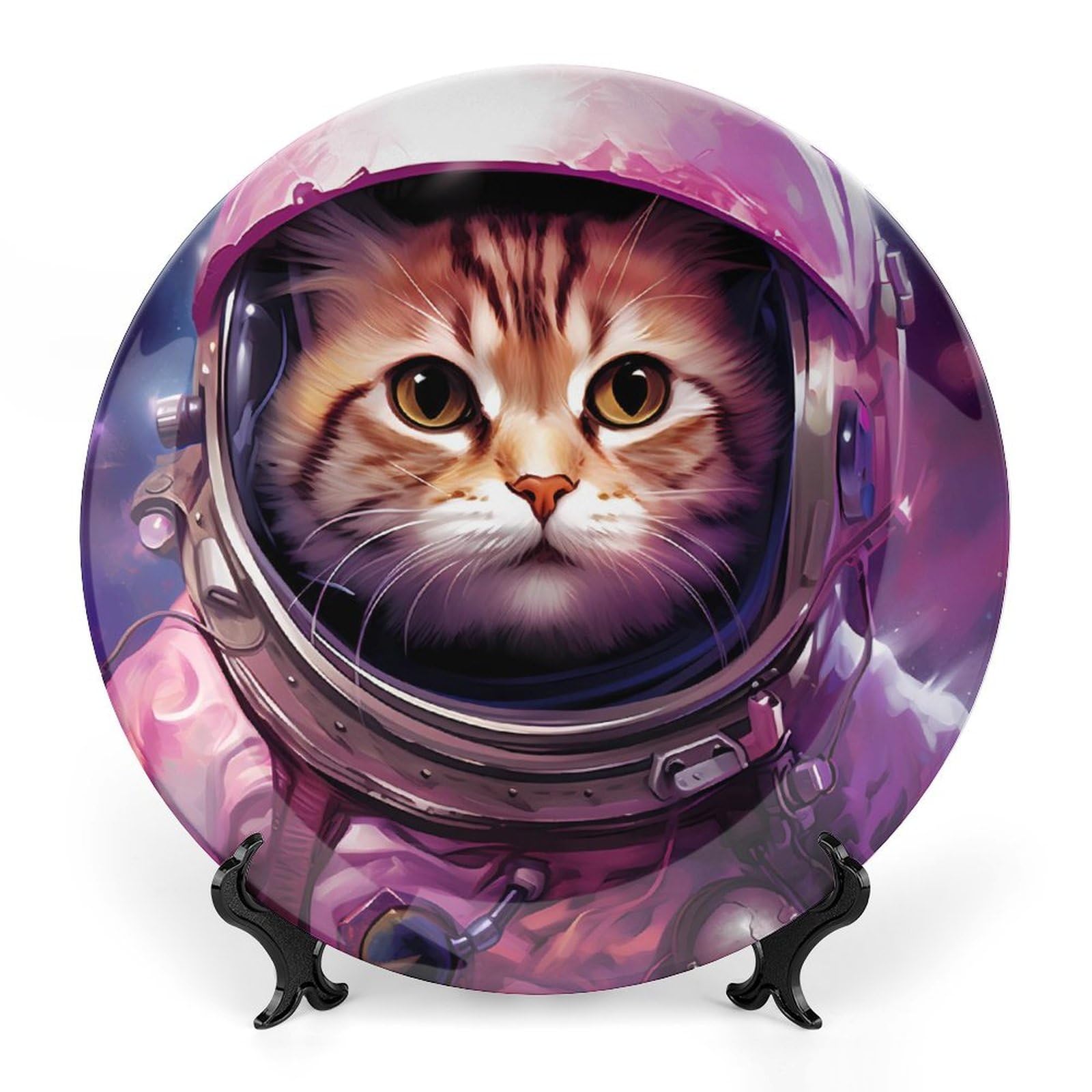 Space Cat Ceramic Decorative Plate with Stand - Unique Kitchen & Home Decor for Dining Display | Perfect for Wall Art, Gift Giving, and Themed Dinner Parties