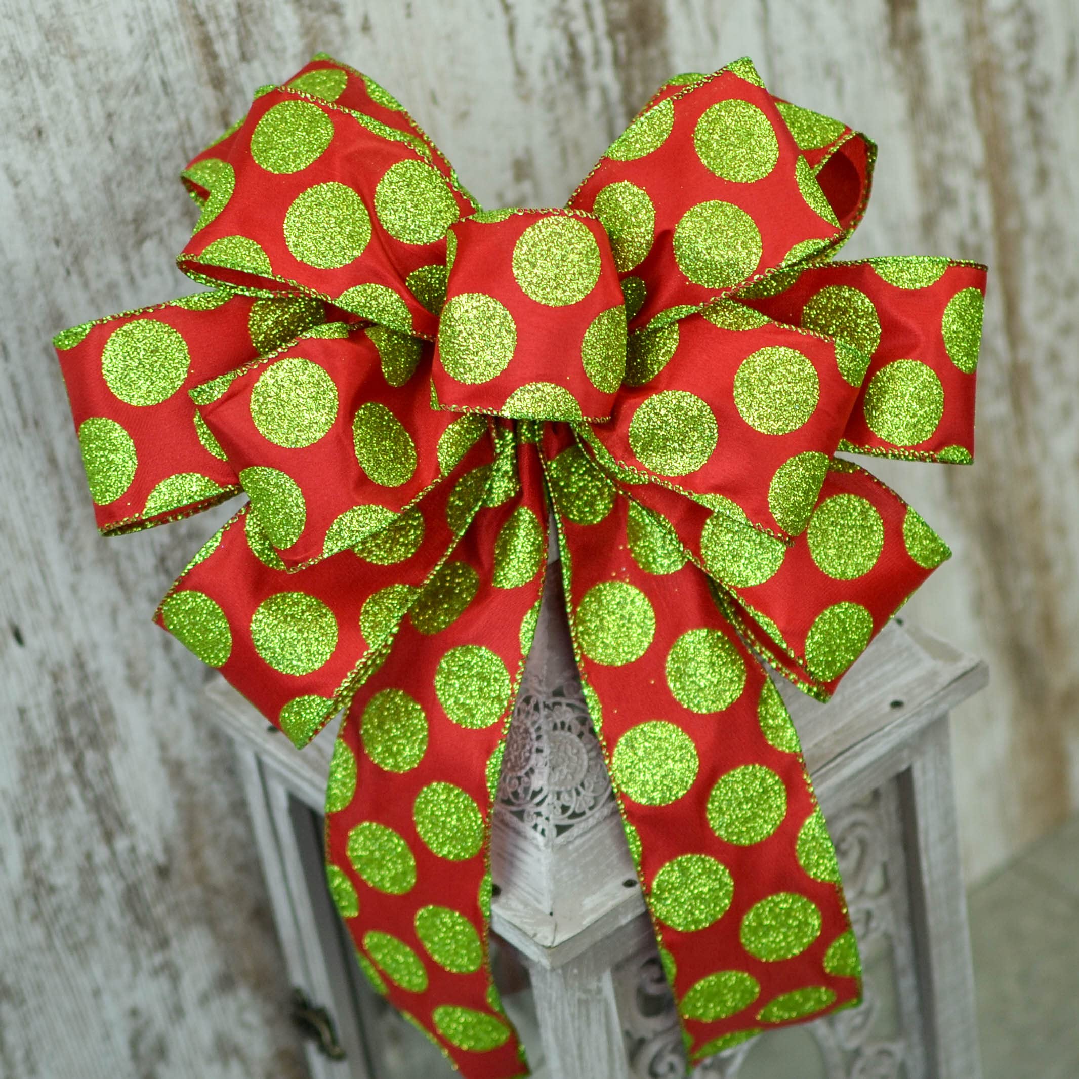 Christmas Wreath Bow Set of 1 - Custom Red Lime Polka Dot Decorative Ribbon for Staircase, Garland, Lantern & Holiday Decorations - Perfect for Christmas Tree, Mantel, Front Door & Gift Wrapping