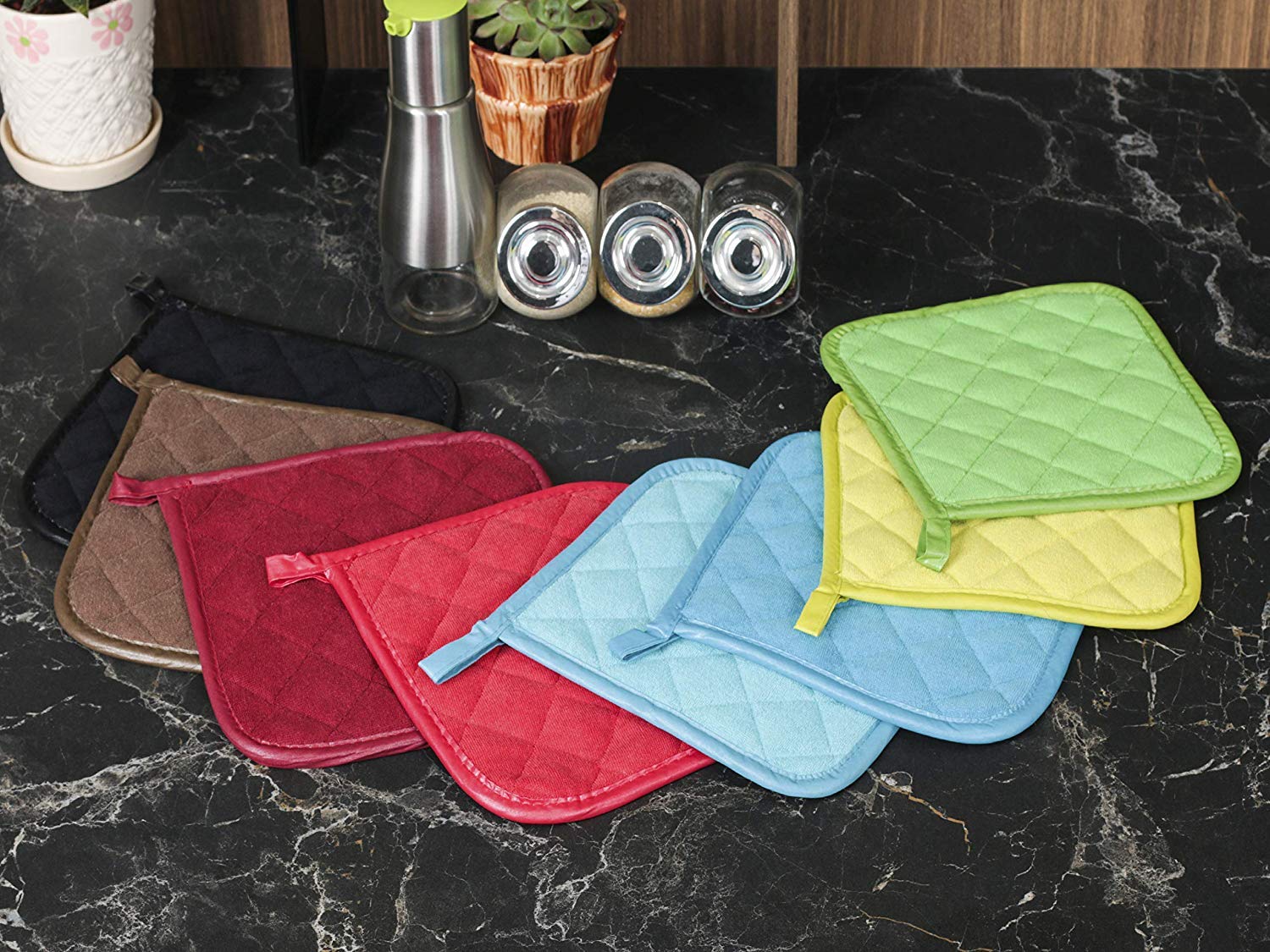 Heat Resistant Cotton Pot Holders Set of 5 - Machine Washable Kitchen Potholders for Cooking, Baking & Serving - Grey Hot Pads & Trivets for Stove, Oven & Countertop Protection