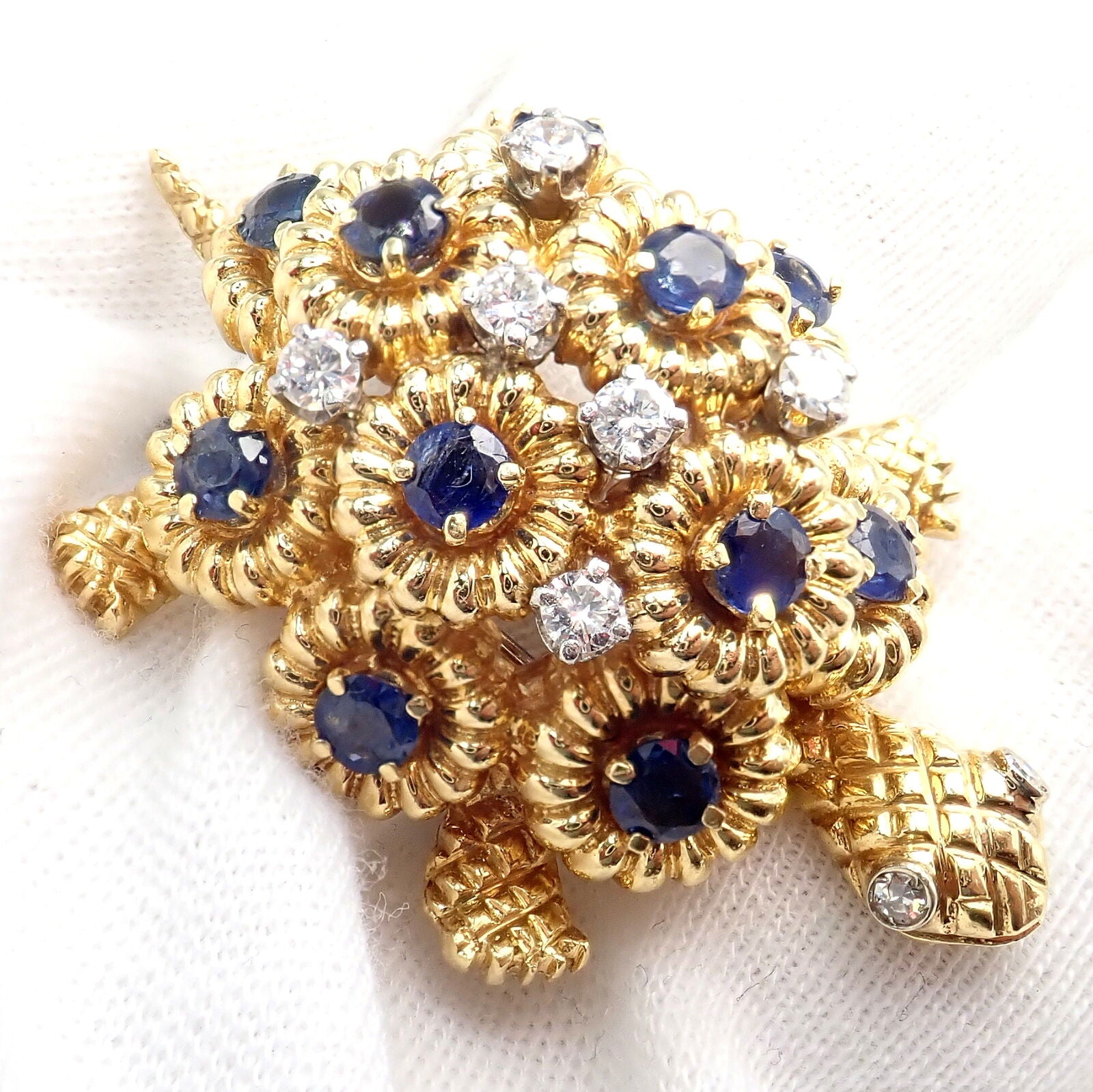 Authentic Tiffany & Co. 18k Yellow Gold Turtle Diamond Sapphire Brooch Pin - Vintage Luxury Jewelry Gift for Women, Perfect for Weddings & Special Occasions