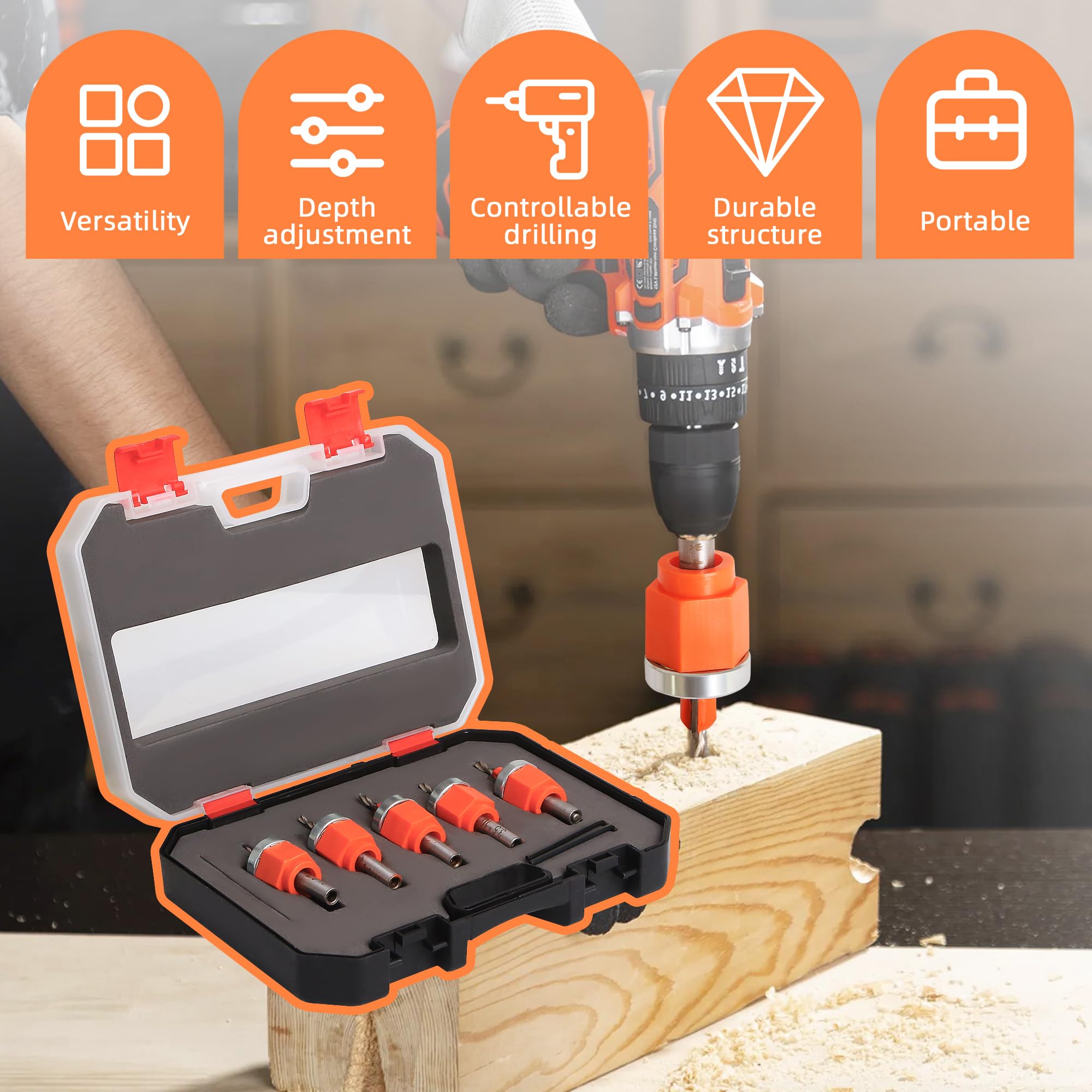 5Pcs Countersink Drill Bit Set - Adjustable Depth Woodworking Kit with 1/8